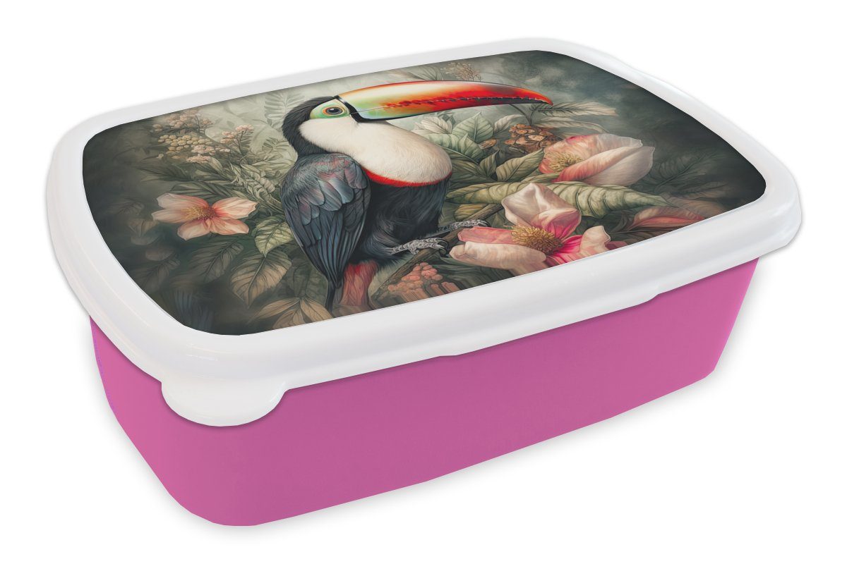 MuchoWow Lunchbox Tukan - Vögel - Blumen - Pflanzen - Tropisch, Kunststoff, (2-tlg), Brotbox für Erwachsene, Brotdose Kinder, Snackbox, Mädchen, Kunststoff rosa