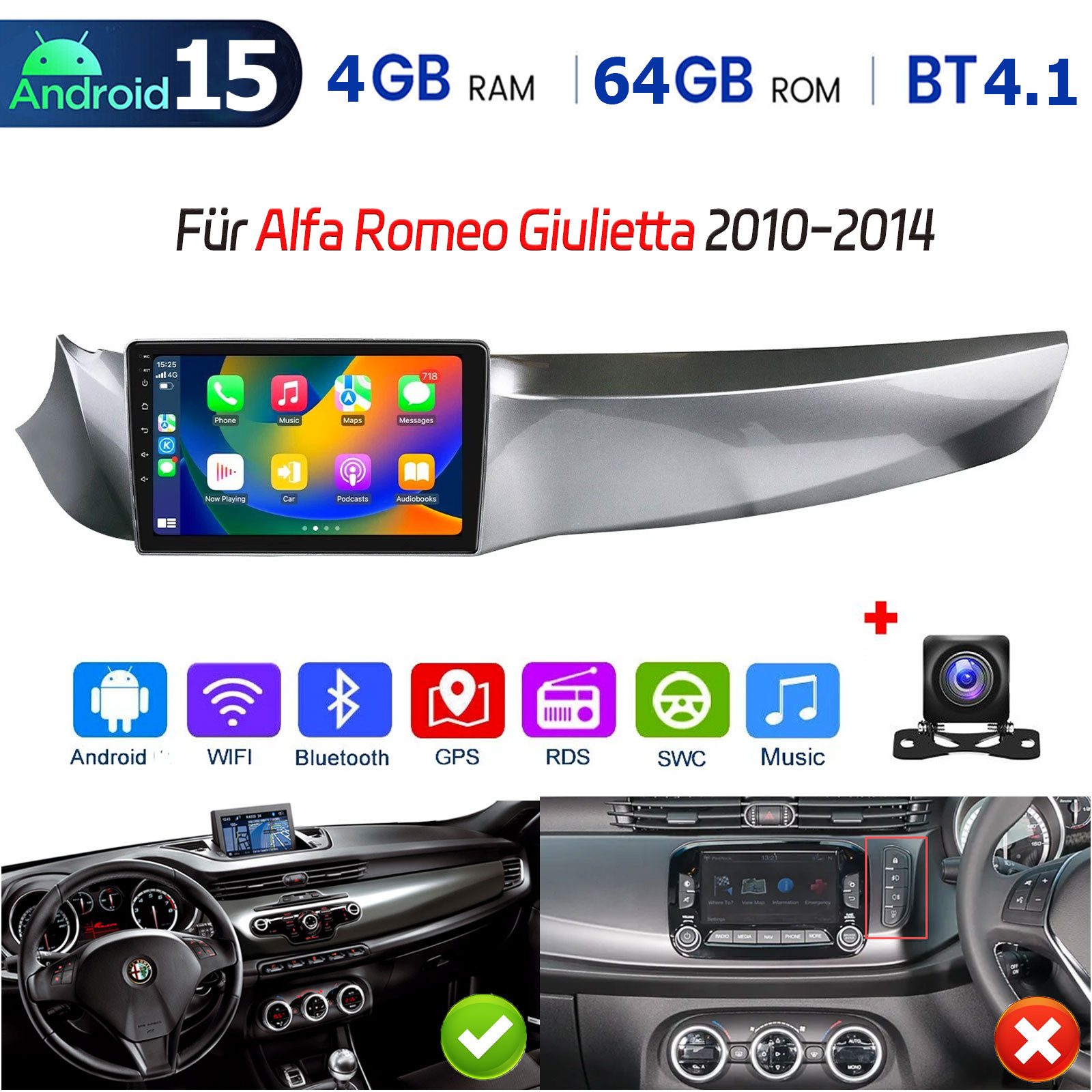 ESSGOO Für Alfa Romeo Giulietta 2010-2014 Carplay Android 15 GPS NAVI BT WIFI Autoradio (RDS, 4+64GB(optional), DAB (optional), FM, AM, DAB+ (optional), Apple Carplay Android Auto GPS Navi WIFI BT EQ)
