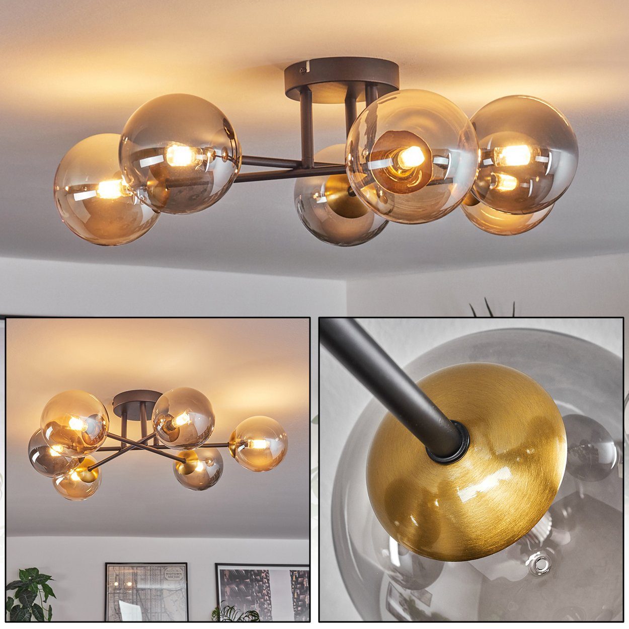 hofstein Deckenleuchte Deckenlampe, Metall/Glas in Schwarz/Gold/Bernsteinfa günstig online kaufen