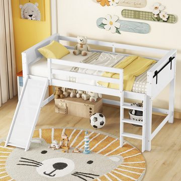 SOFTWEARY Hochbett mit Lattenrost, Rutsche und Leiter (90x200 cm) Kinderbett mit Rausfallschutz, Jugendbett