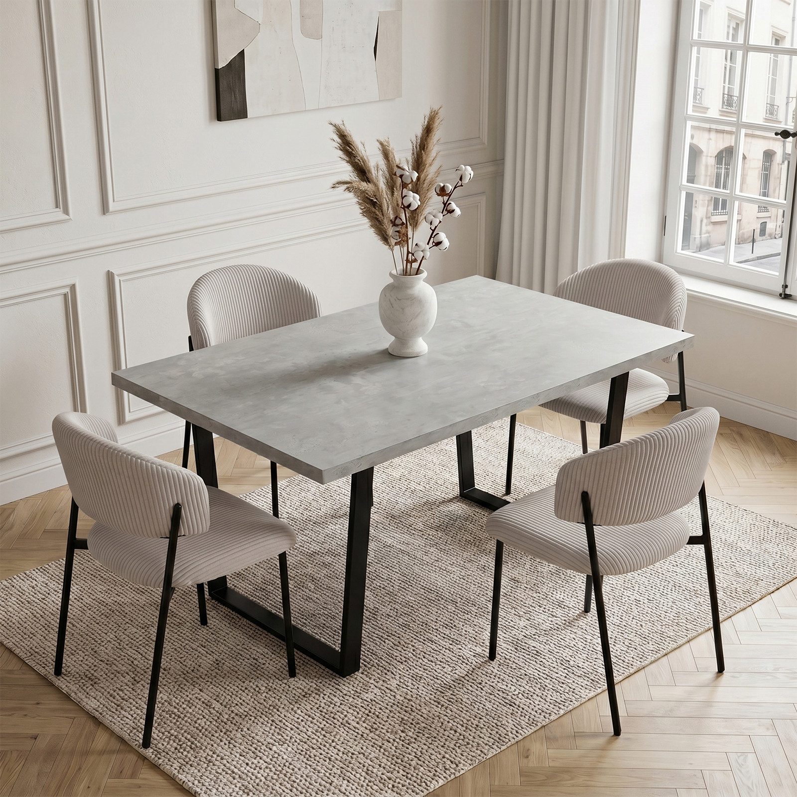 Jiexi Essgruppe Essgruppe 110x70cm MDF-Platte fix Tisch mit Cord-Polsterstühlen