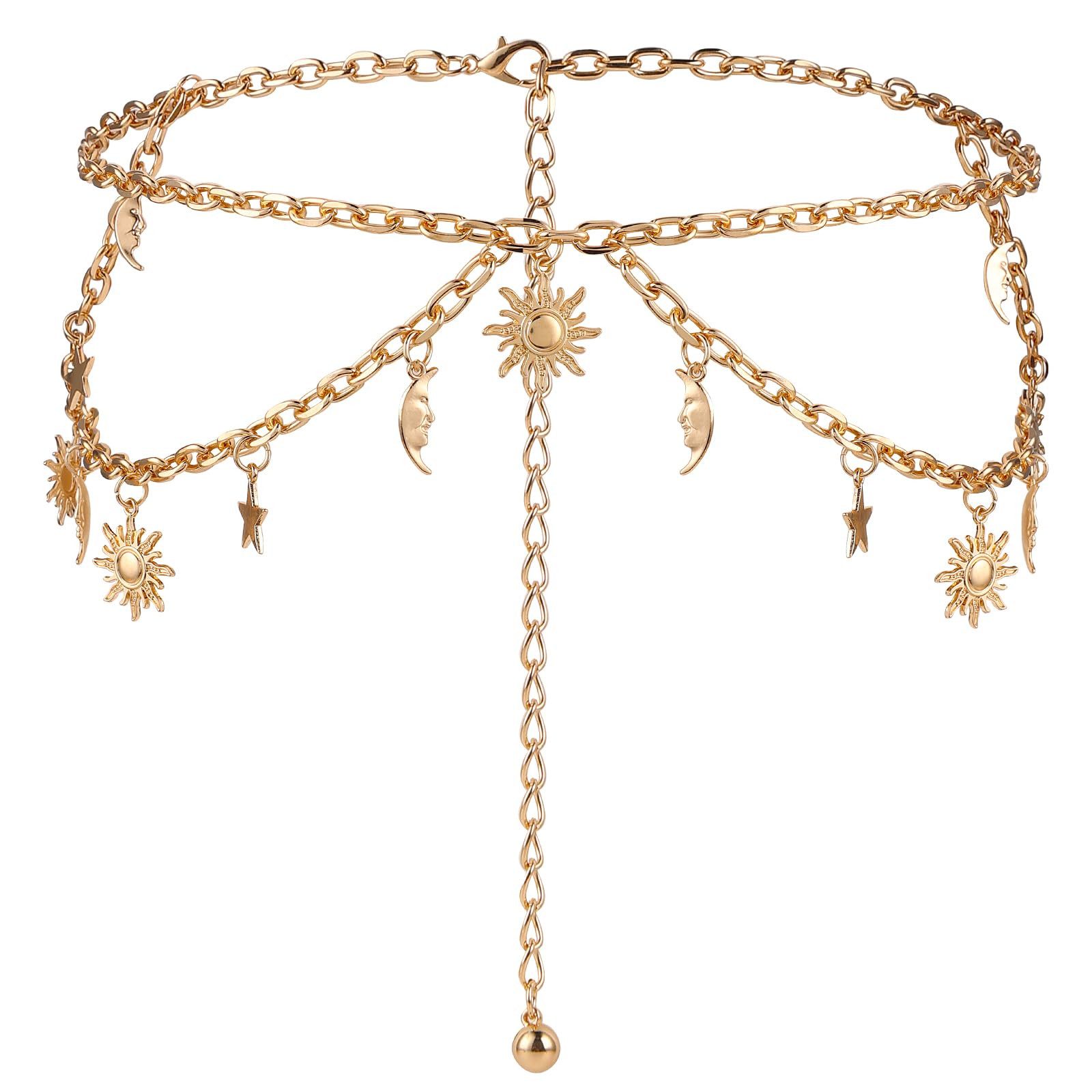 Zaewry Taillengürtel Mondstern Verstellbare Taillenkette für Kleider Jeans Doppellagiger Damen Metallkettengürtel