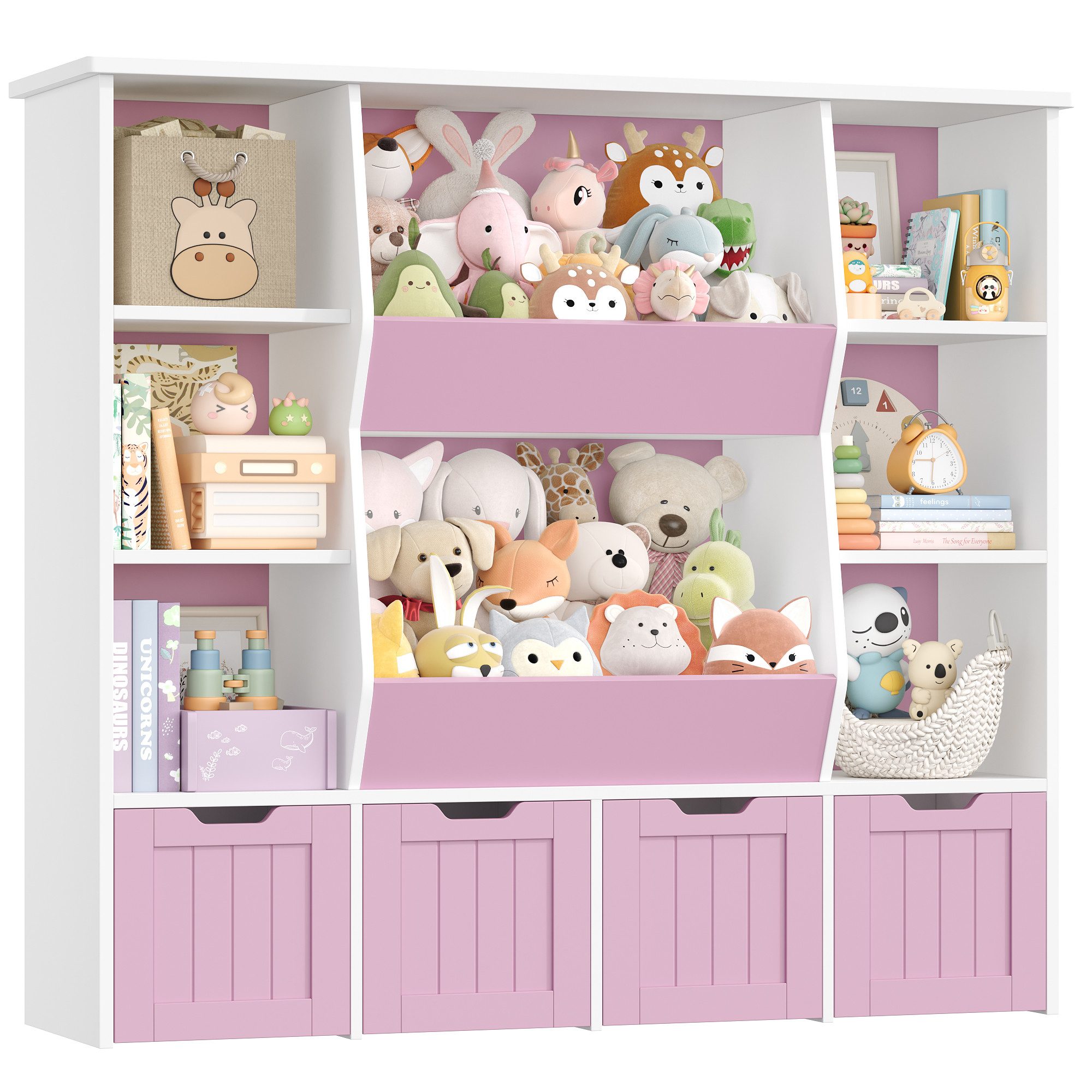 Homfa Kinderregal mit 4 Spielzeugkisten auf Rollen, Spielzeugregal mit 8 offenen Fächern Spielzeugtruhe 124.5x118x35cm