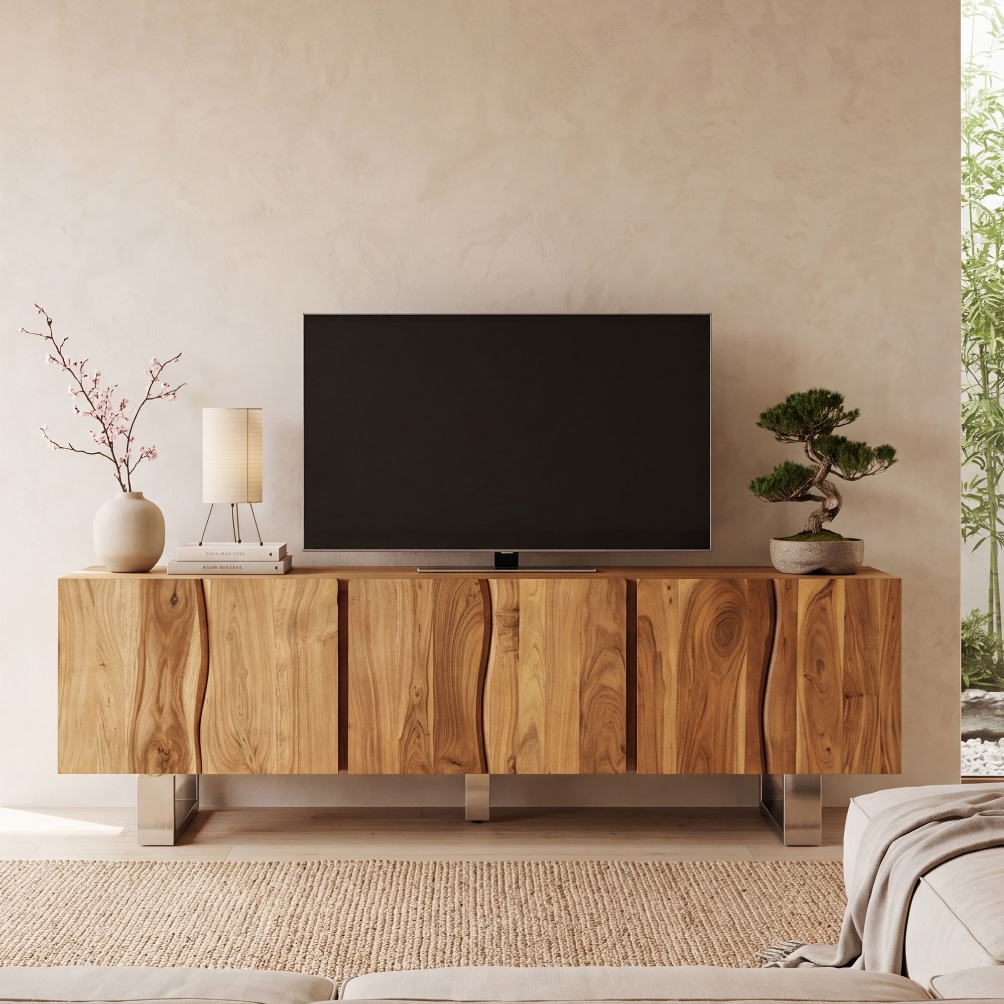 FINEBUY Lowboard FB110095 TV Schrank 160 cm Holz Massiv Fernsehkommode Fernsehschrank (drei Türen, 160x56x46 cm, Akazie Massivholz)