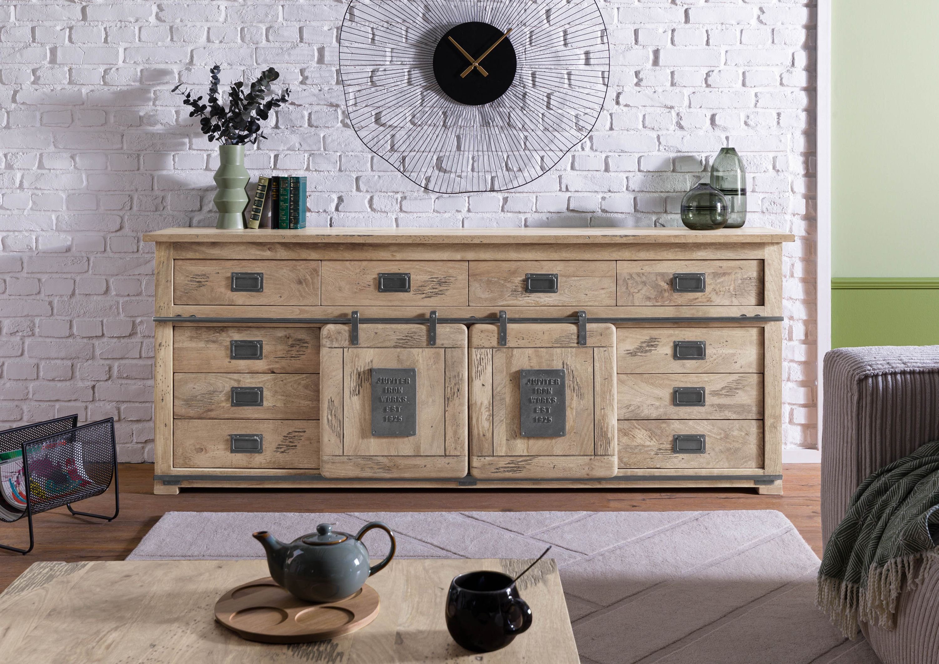 Massivmoebel24 Sideboard RAILWAY (Massivholz), Mango 220x45x90 whitewash lackiert RAILWAY #392