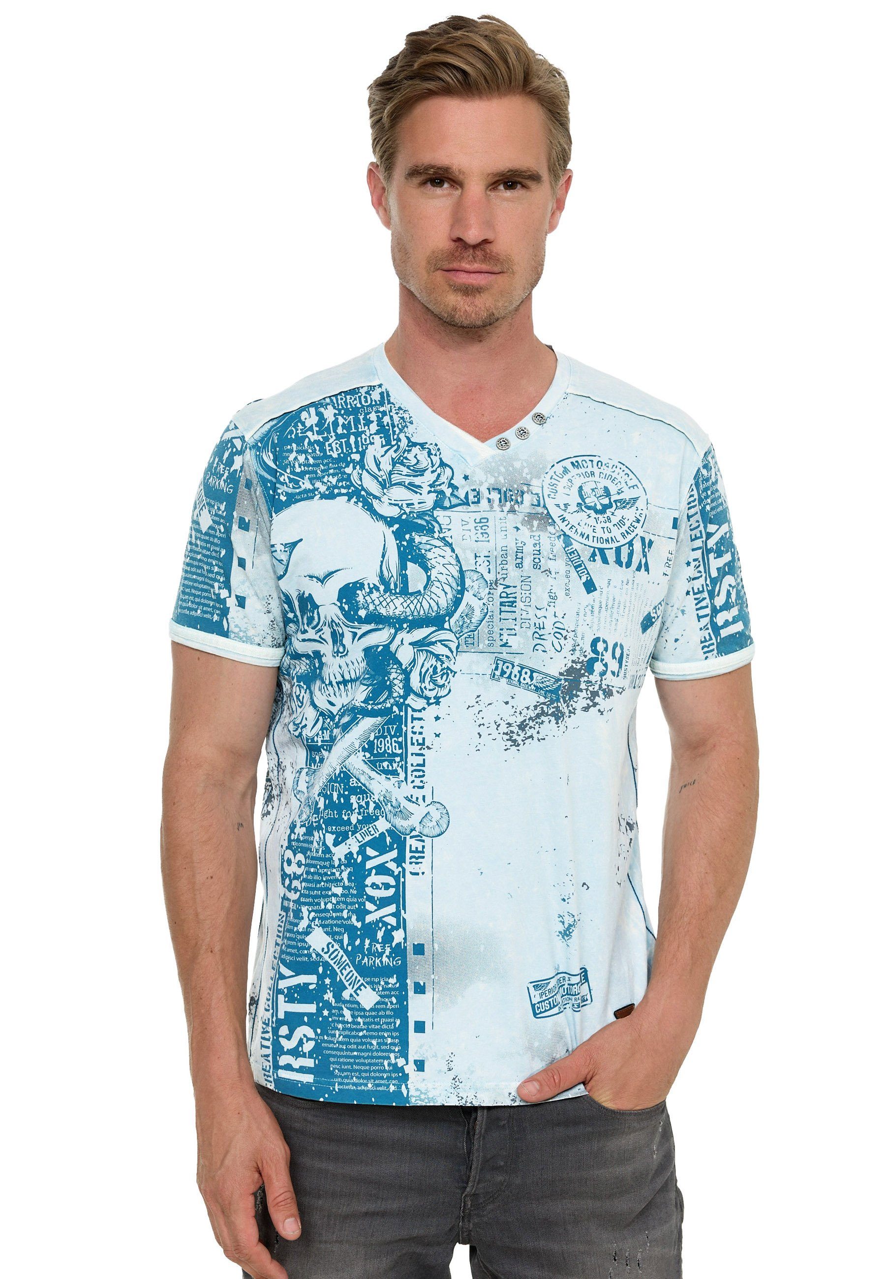 Rusty Neal T-Shirt Rusty Neal T-Shirt mit coolem Allover-Print hellblau