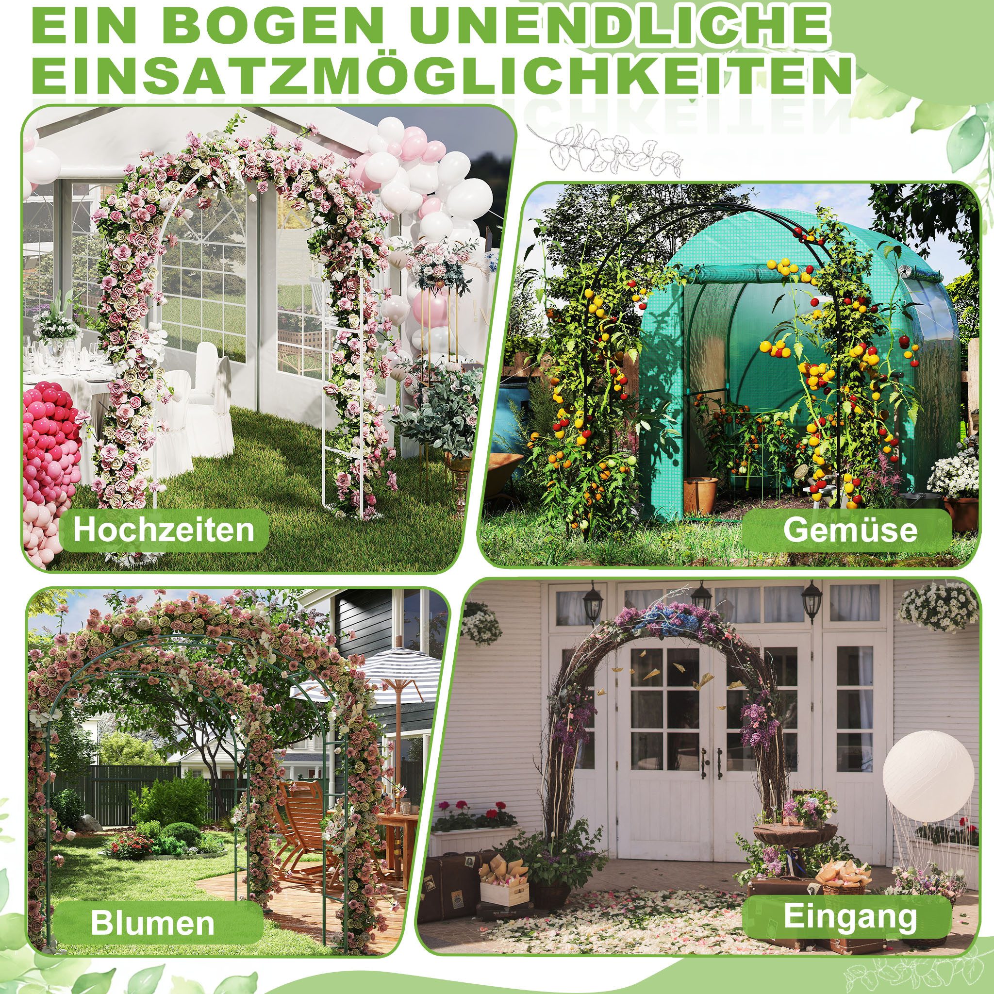 FIVMEN Rosenbogen 2,4M Gartenbogen Rankgitter Rosenhilfe aus Pulverbeschichtetem Stahl, die Torbogen-Gartendekoration
