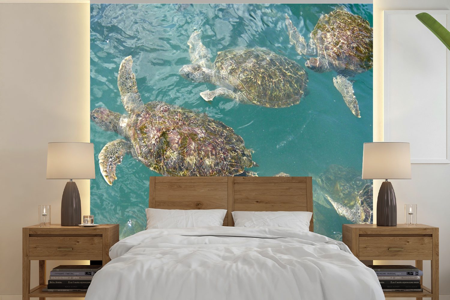 MuchoWow Fototapete Schildkröten schwimmen gemeinsam im klaren blauen Wasser vor Grand, Matt, bedruckt, (5 St), Vinyl Tapete für Wohnzimmer oder Schlafzimmer, Wandtapete
