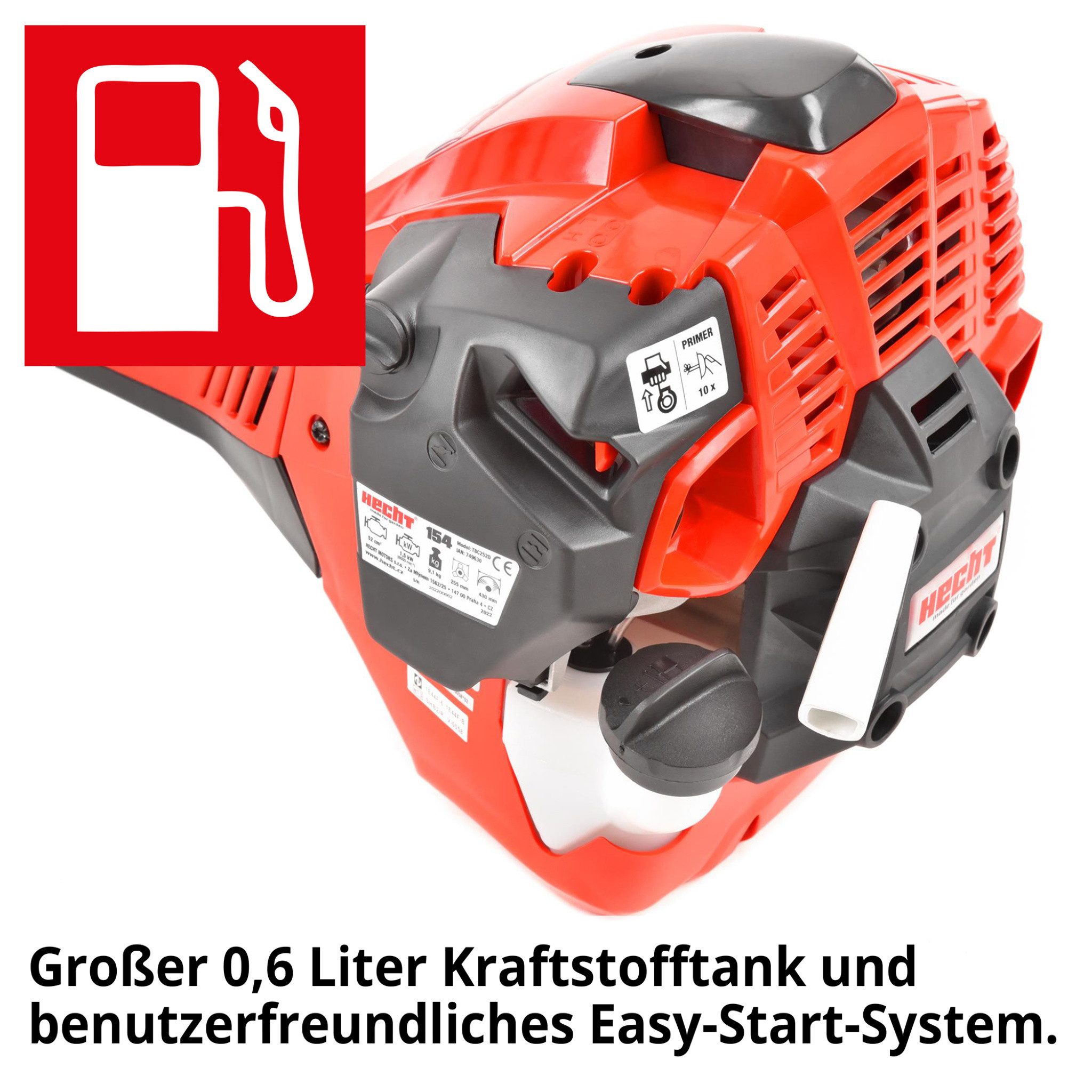 Hecht Benzin-Freischneider mit Tragegurt, 52 cm³ / 2 PS, 25,5 cm Arbeitsbreite Messer, 43 cm Arbeitsbreite Faden, Easy Start-System, 9,1 kg
