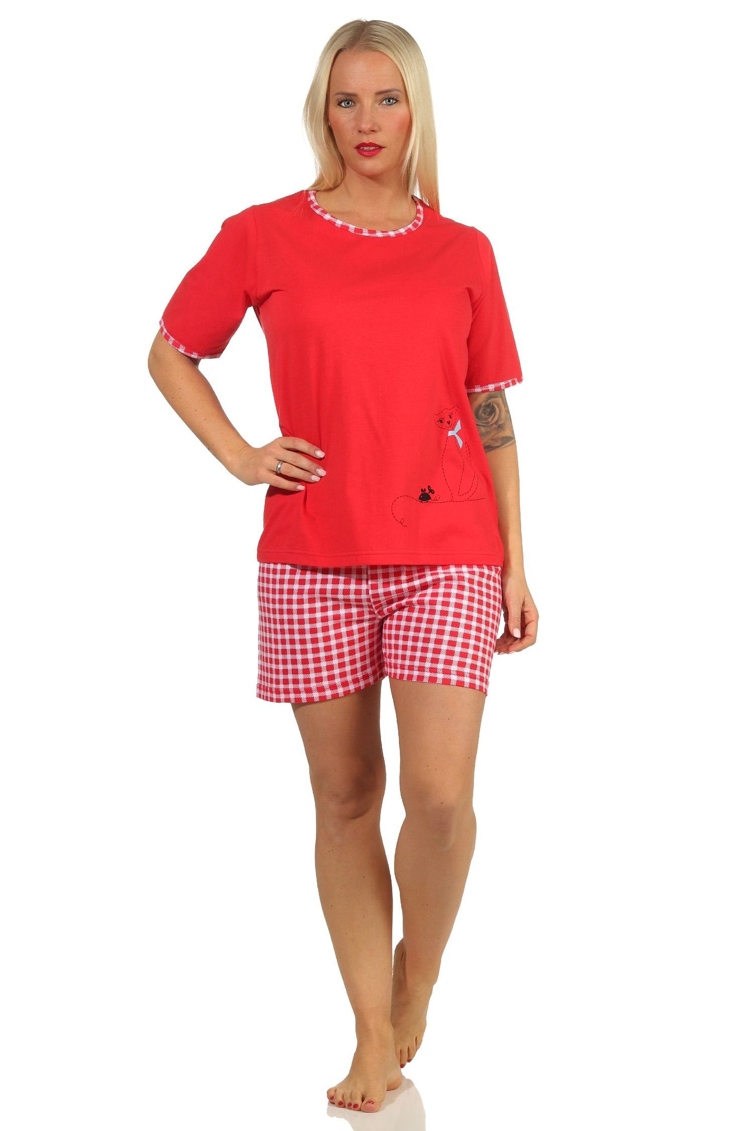 Schlafanzug Pyjama kurzarm rot Normann 66334 - mit Damen Katzen-Motiv süßem Shorty