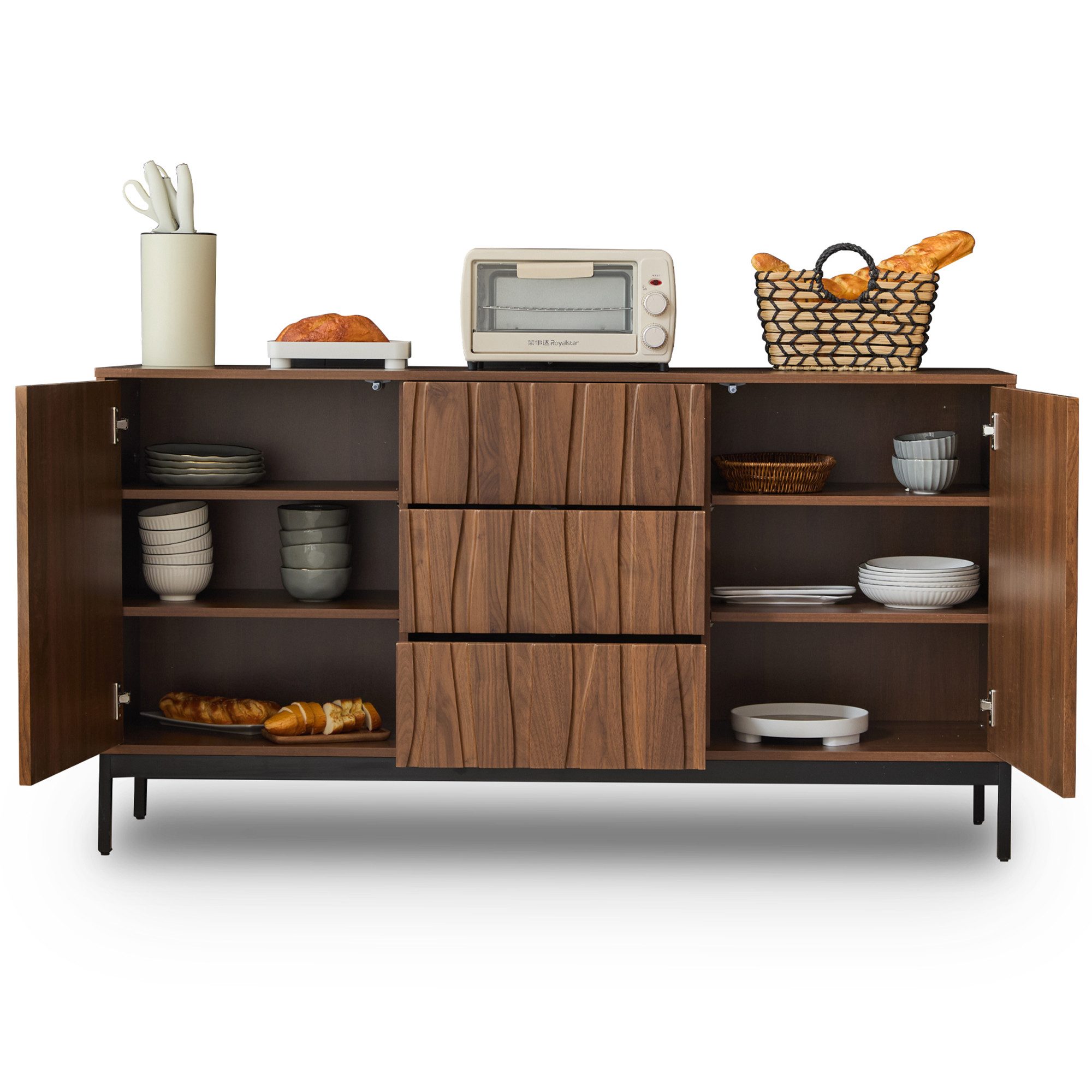 Ulife Sideboard Dunkelbraun mit welligem 3D-Design, 2 Türen, 3 Schubladen ( günstig online kaufen