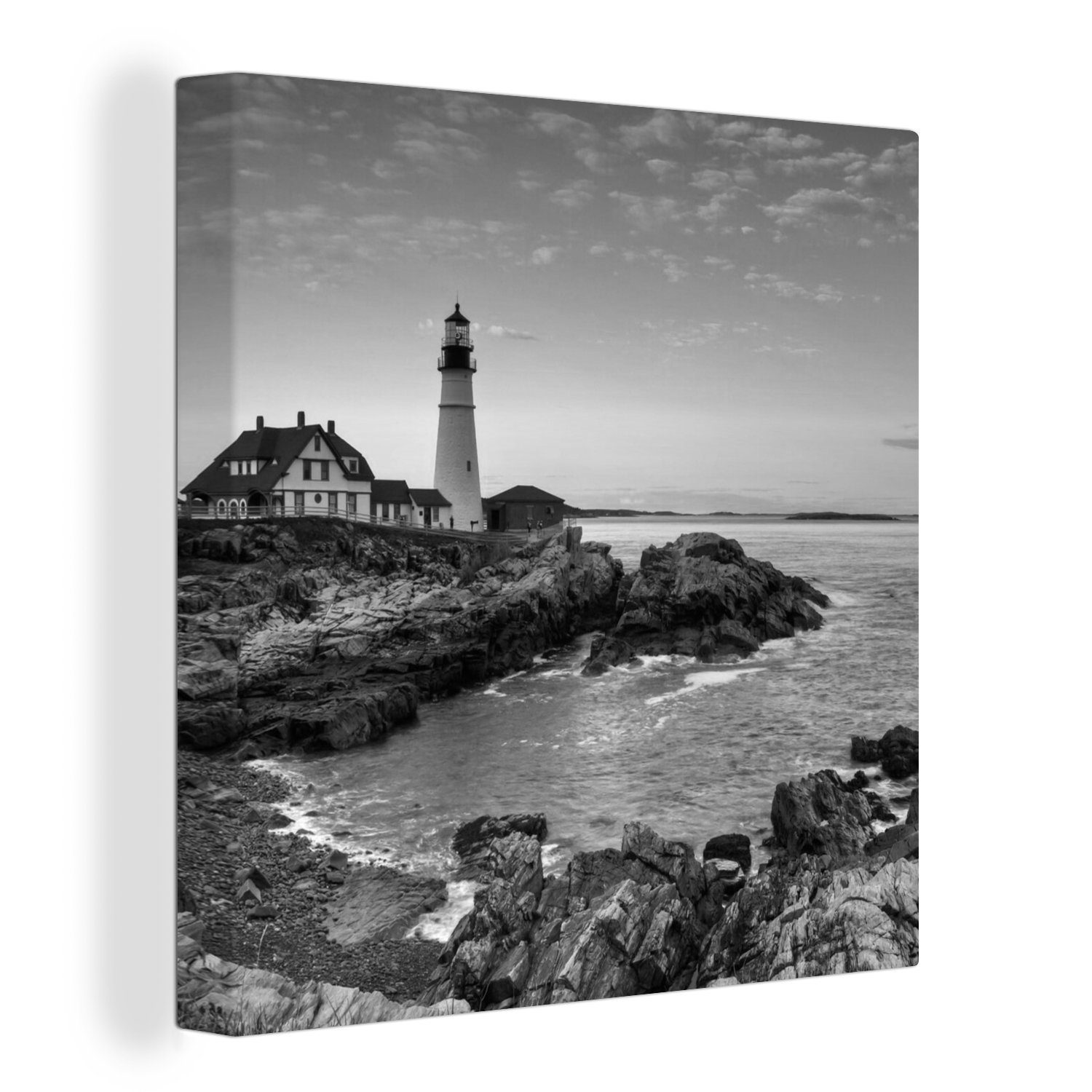 OneMillionCanvasses® Leinwandbild Stein - Meer - Leuchtturm, (1 St), Leinwand Bilder für Wohnzimmer Schlafzimmer