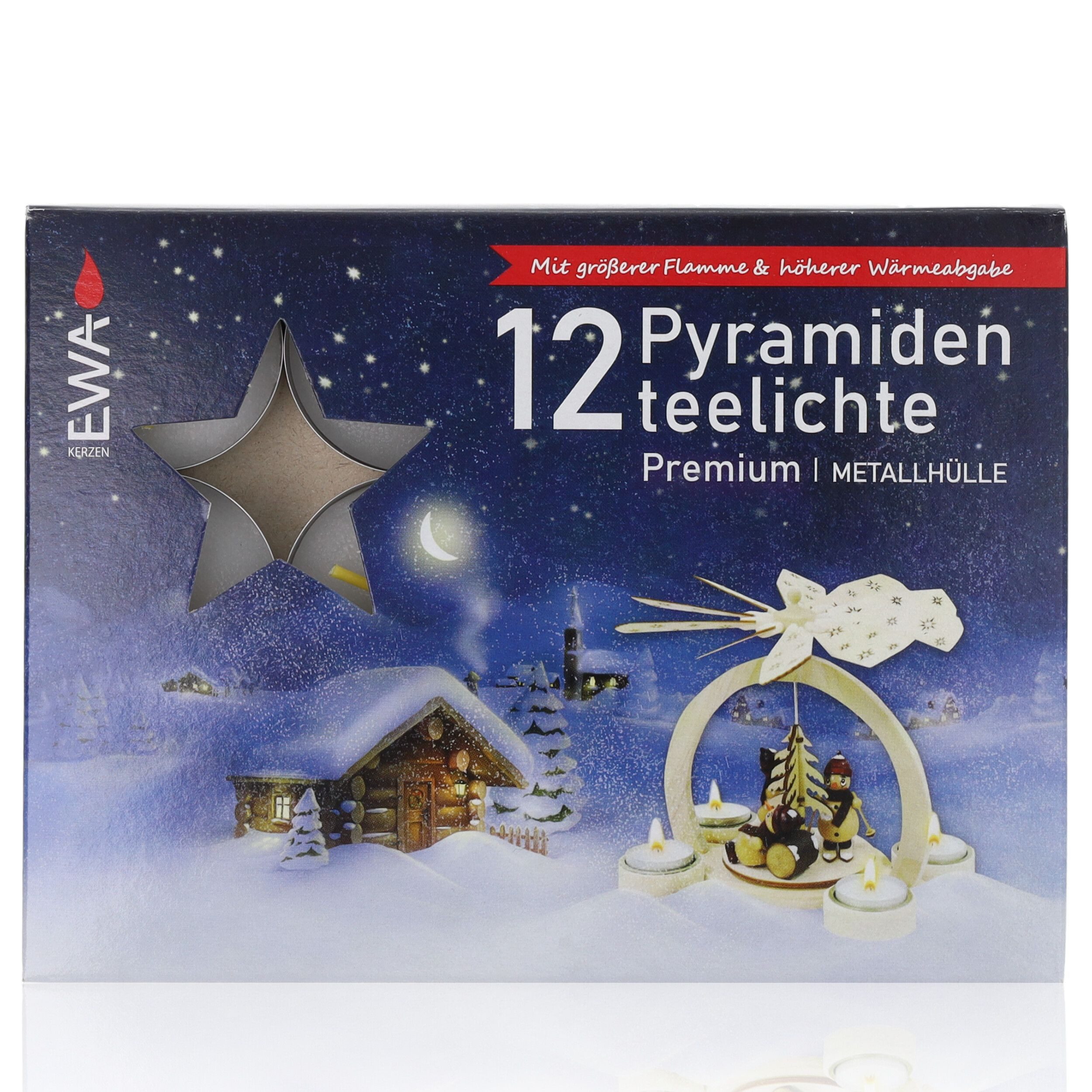 EWA Teelicht Ebersbacher Свечиfabrik EWA ehem. JEKA 12 Pyramidenteelichte Premium (Teelichte im Großpack, 12-tlg., in stabiler Metallhülle), Dekorativ mit hoher Wärmeabgabe
