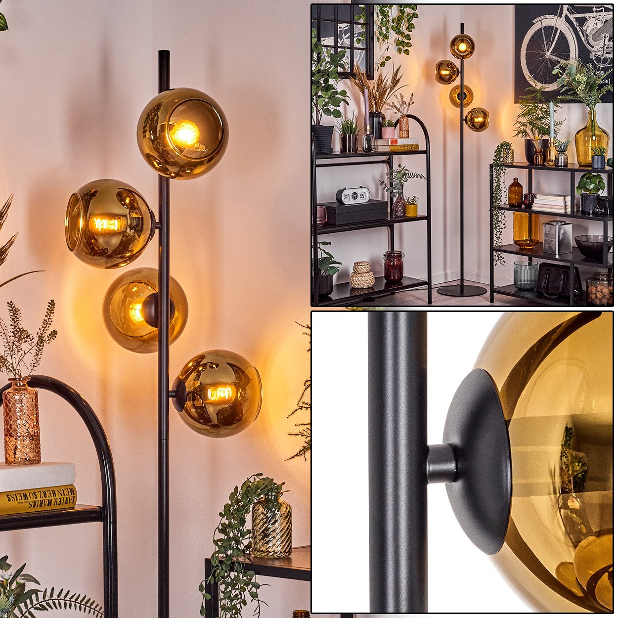 hofstein Stehlampe Stehlampe aus Metall/Glas in Schwarz/Goldfarben mit Fußschalter, ohne Leuchtmittel, Stehleuchte im Retro/Vintage-Design mit Glasschirmen (15 cm), E14