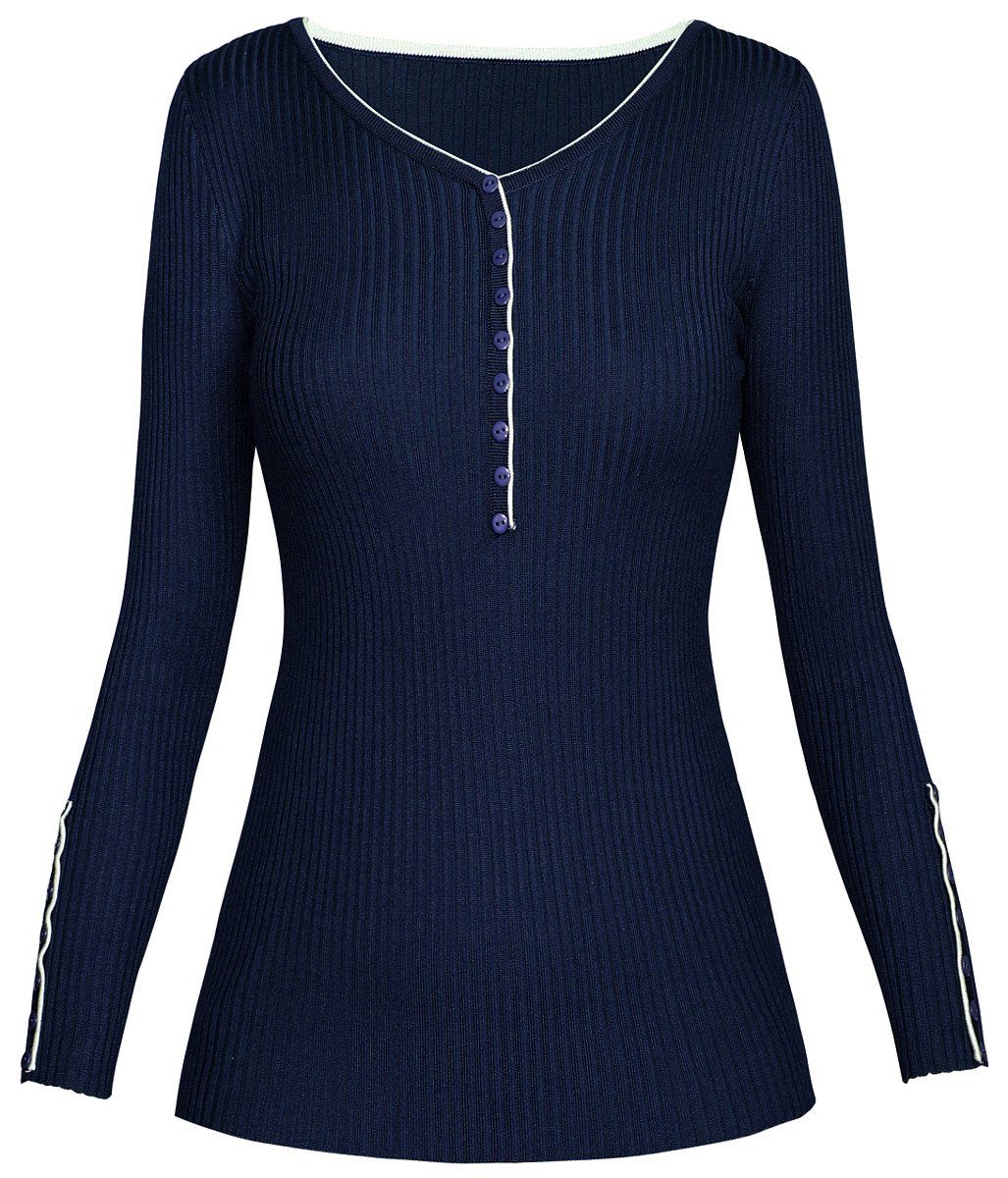 dy_mode V-Ausschnitt-Pullover Damen Pullover Enganliegend Rippenstrick Pulli mit V-Ausschnitt in Unifarbe PUL001-Tiefblau