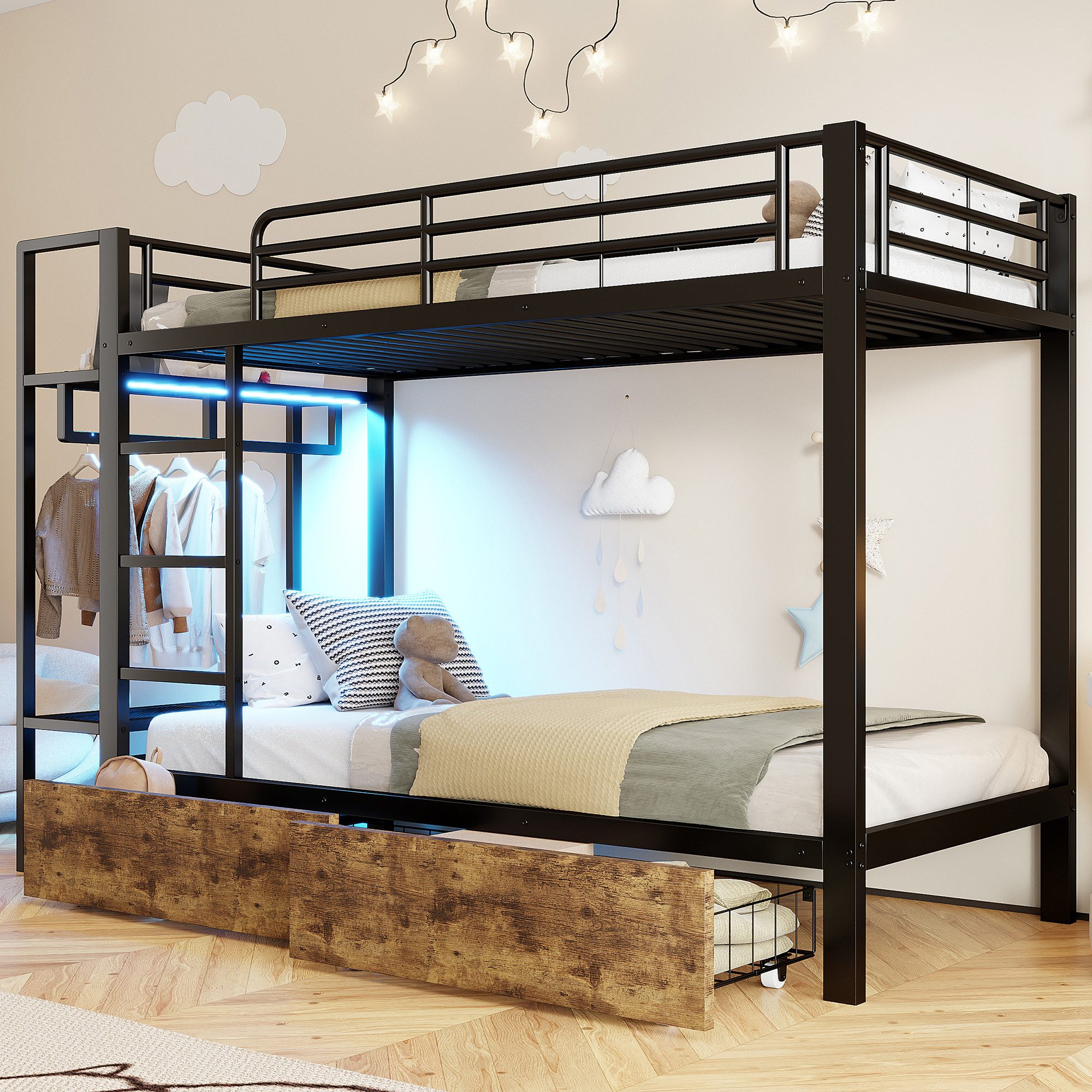 Merax Etagenbett mit LED Lichtleiste (Metallbett Jugendbett Stockbett Doppelbett mit Eisenrahmen, 1-St), Kinderbett 90x200cm mit Kleiderstange, 2 Schubladen & Ablageflächen