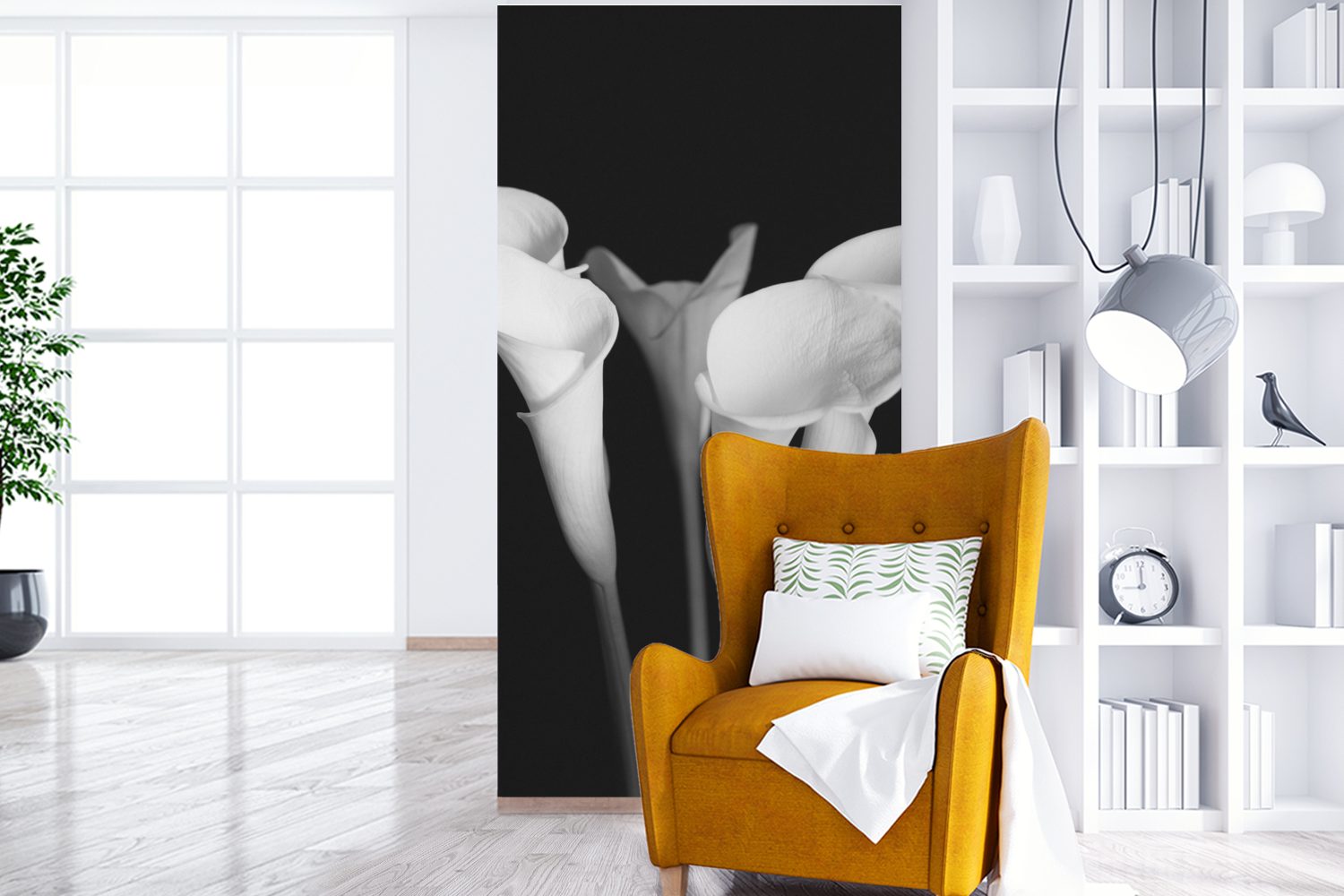 Küche, auf St), schwarzem Fototapete Vliestapete Schlafzimmer Fototapete für Eine Nahaufnahme (2 Matt, Calla-Lilien-Blüten Wohnzimmer MuchoWow bedruckt, von Hintergrund,