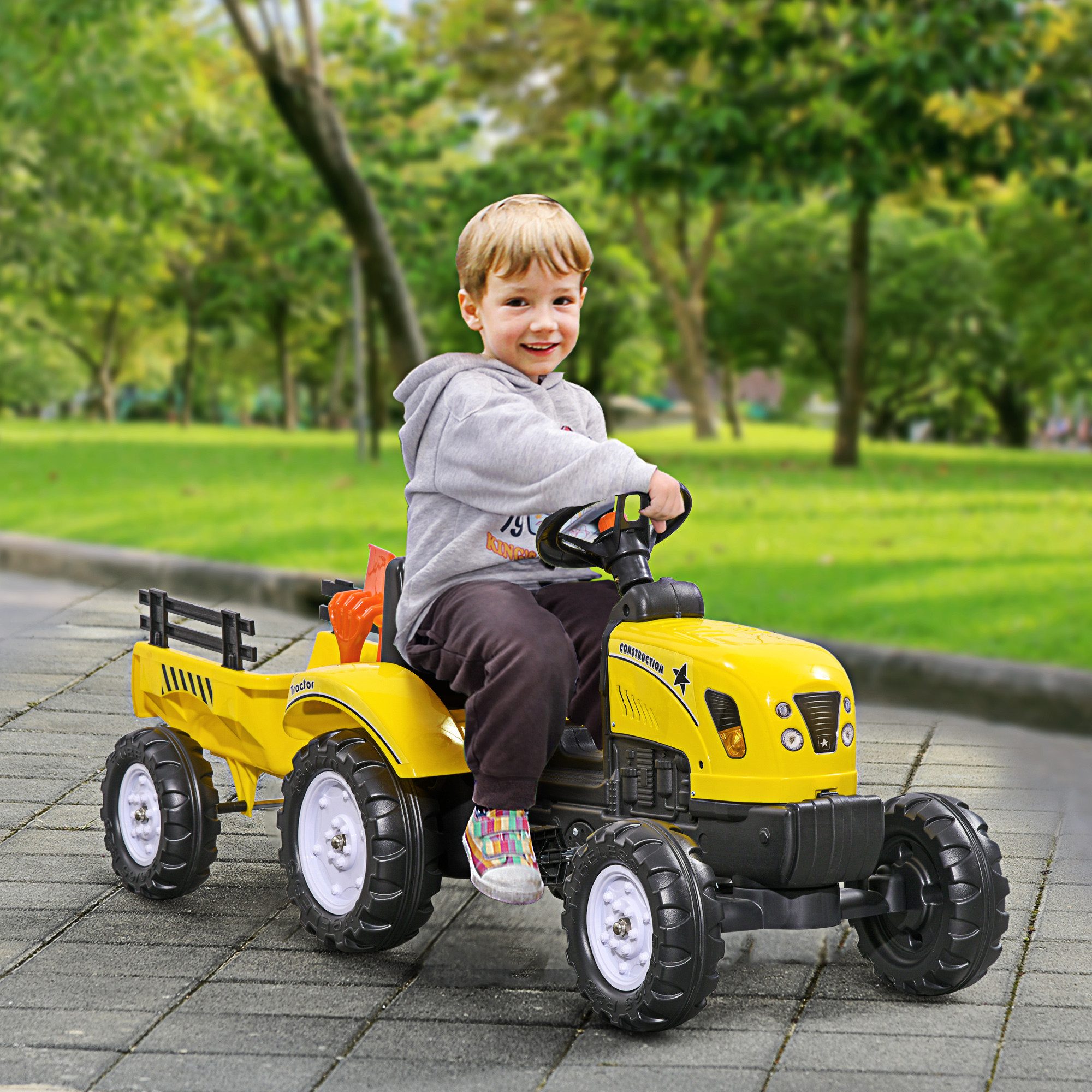 HOMCOM Rutscher Trettraktor mit Anhänger Tretauto für Kinder ab 3 Jahren Outdoor, (Kindertrettraktor, 1-tlg., Spielfahrzeug), Metall Gelb 133 x 42 x 51 cm