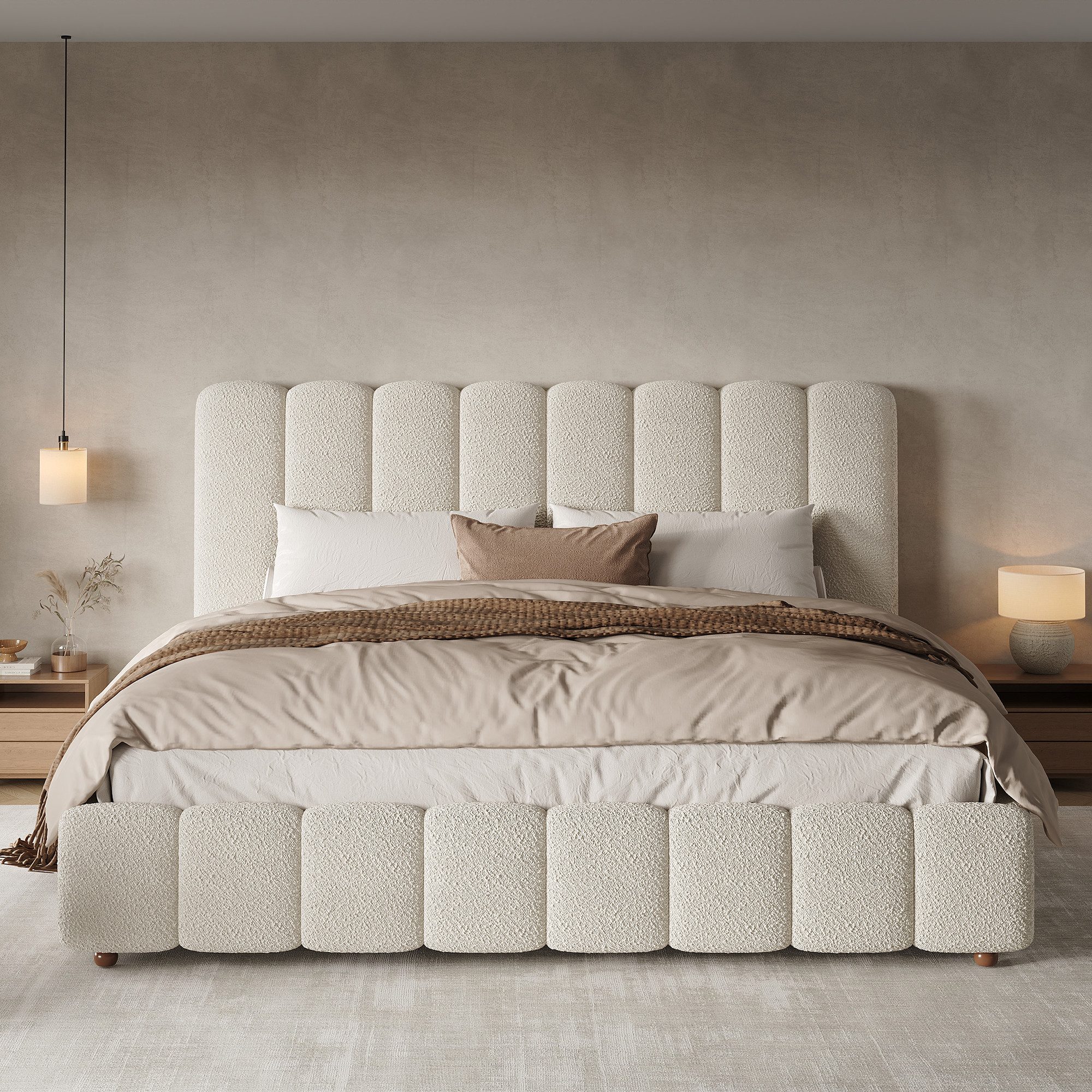 OKWISH Polsterbett 160x200 cm mit Bettkasten, Bouclé Weiß (Packung, 1-tlg., mit hydraulischem Stauraum, großes Stauraum-Kopfteil), Funktionsbett mit Lattenrost & gepolstertem Kopfteil(ohne Matratze)