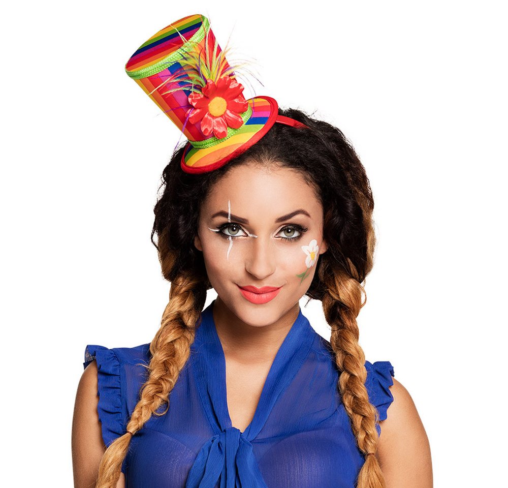 Boland Kostüm Diadem Blossom bunter Mini-Zylinder mit Blume für Karneval Mottoparty, dekorativ bunt, Haarreifen sorgt für sicheren Halt