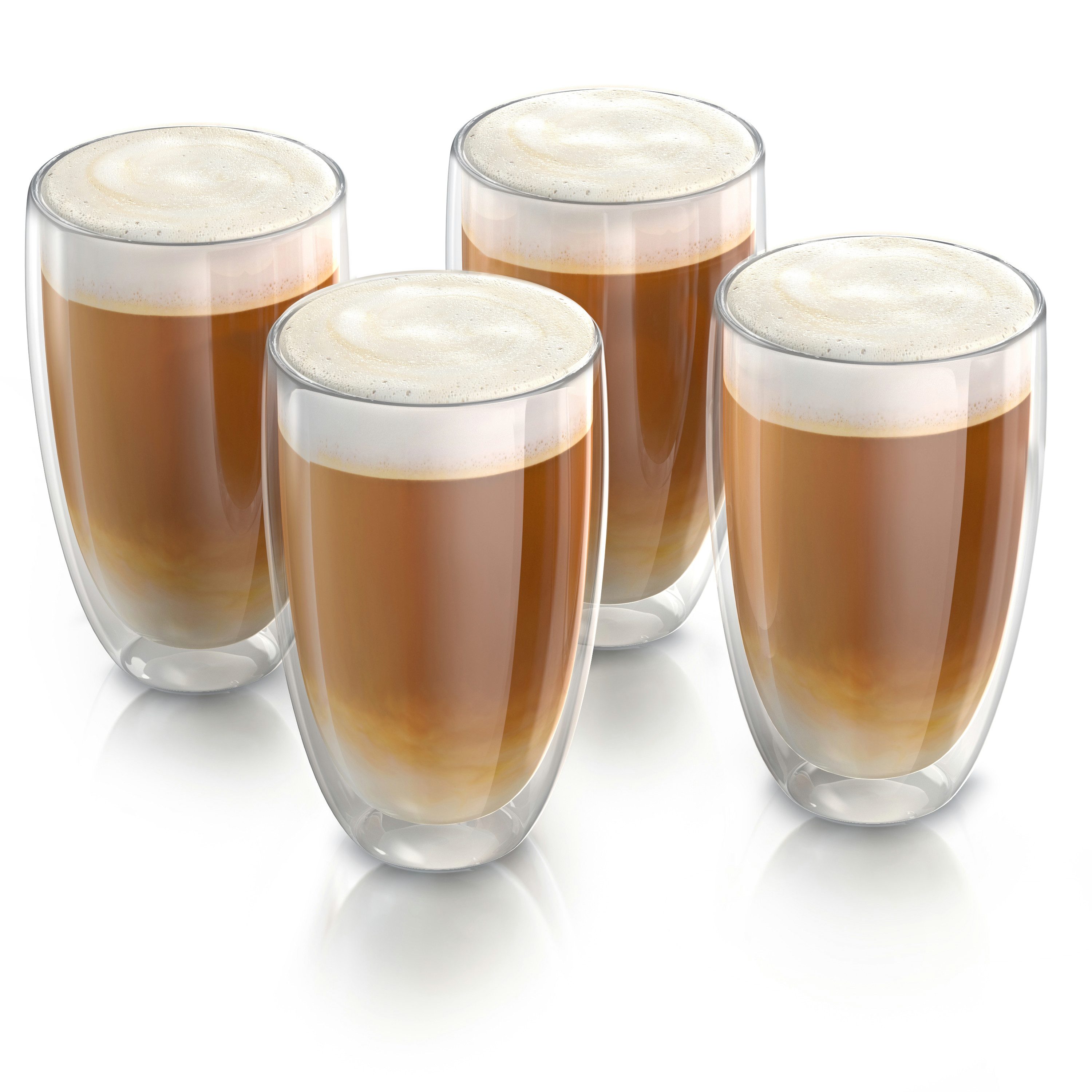Arendo Gläser-Set doppelwandige Thermogläser, 450 ml Kaffeetasse, Trinkglas ohne Henkel, 4-tlg., Glas, für Latte Macchiato, Cappuccino, Tee, hitzebeständig spülmaschinenfest