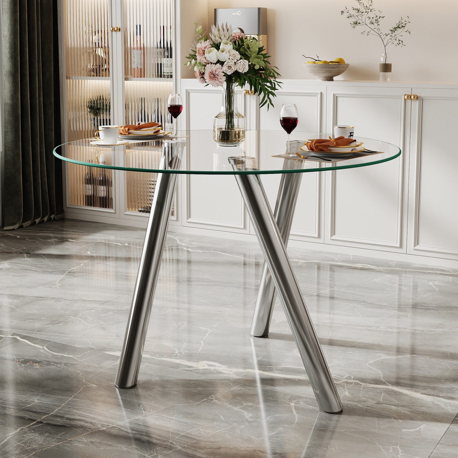 ANYSUN Esstisch Runder Esstisch 89x89x76 cm, mit gehärteter Glasplatte (moderner Glastisch Esstisch Küchentisch galvanisierte Metallbeine), Stabiler Küchentisch für 2–4 Personen, Kaffee und Freizeittisch