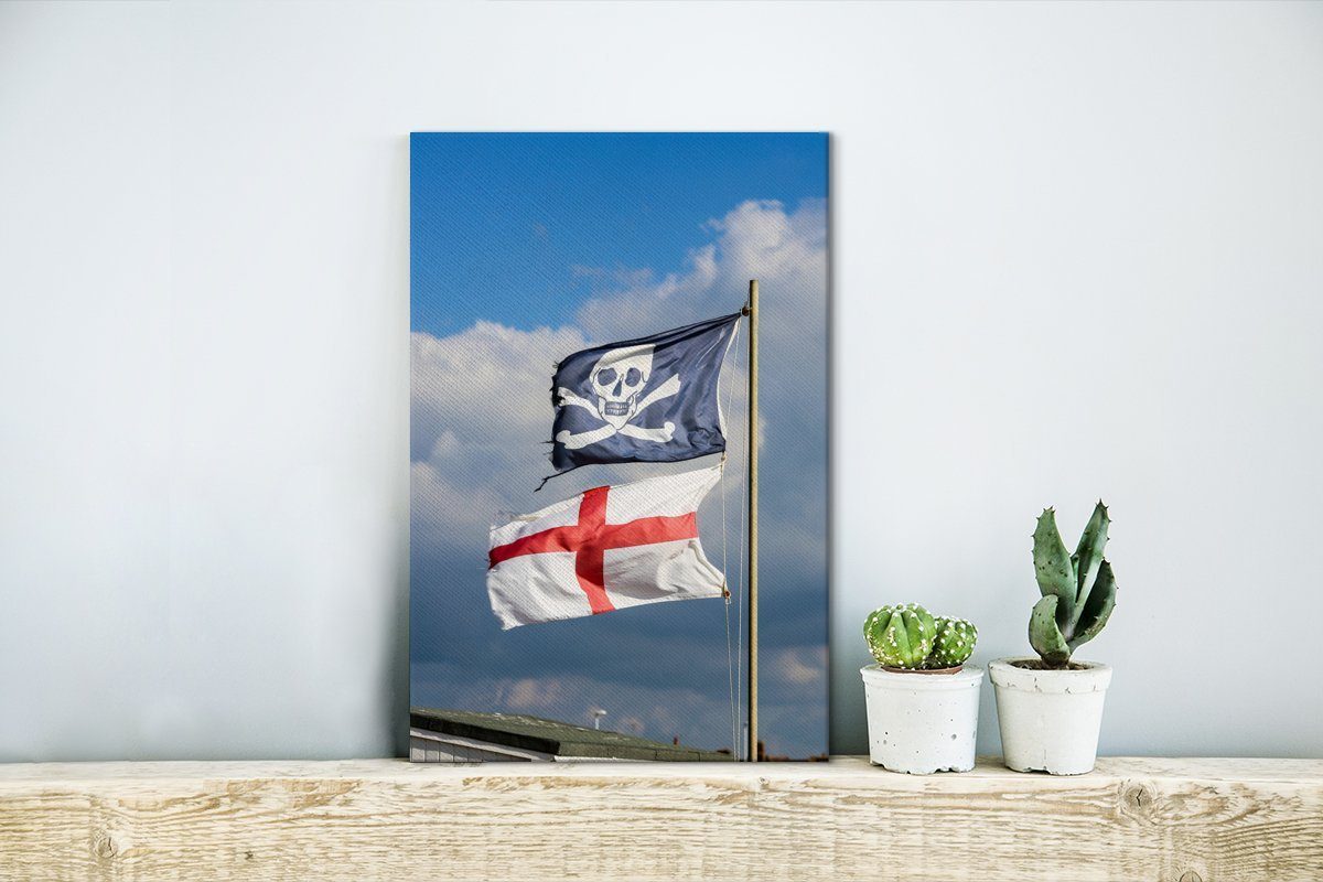 Piratenflagge, inkl. Die bespannt englische unter fertig Gemälde, OneMillionCanvasses® Leinwandbild (1 20x30 St), cm Leinwandbild Flagge einer Zackenaufhänger,