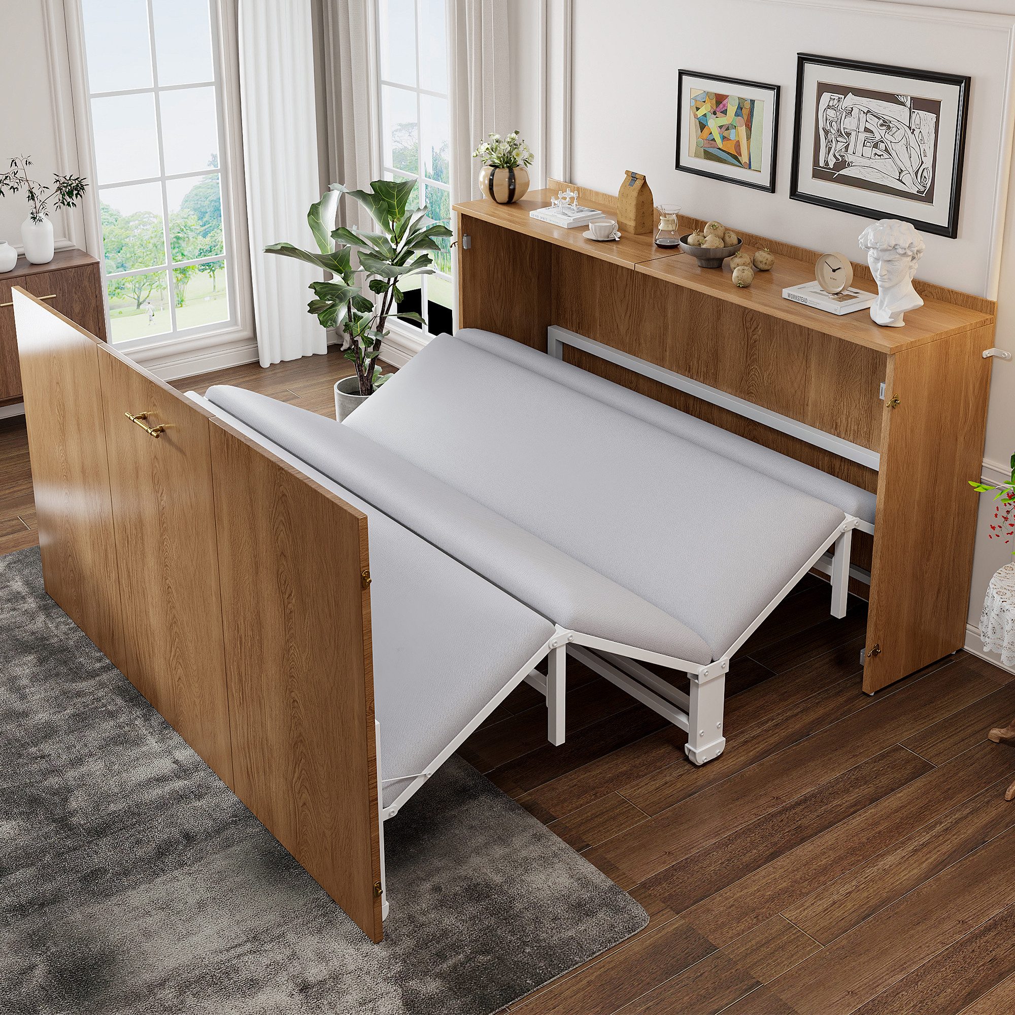 HAUSS SPOLE Klappbett 140×200 Schrankbett mit Leinenmatratze,Gästebett Metallgestell,Holz (Metallrahmen mit einer Leinenmatratze) Kinderbett Gästebett mit drehbarem Schreibtisch und Rollenfunktion