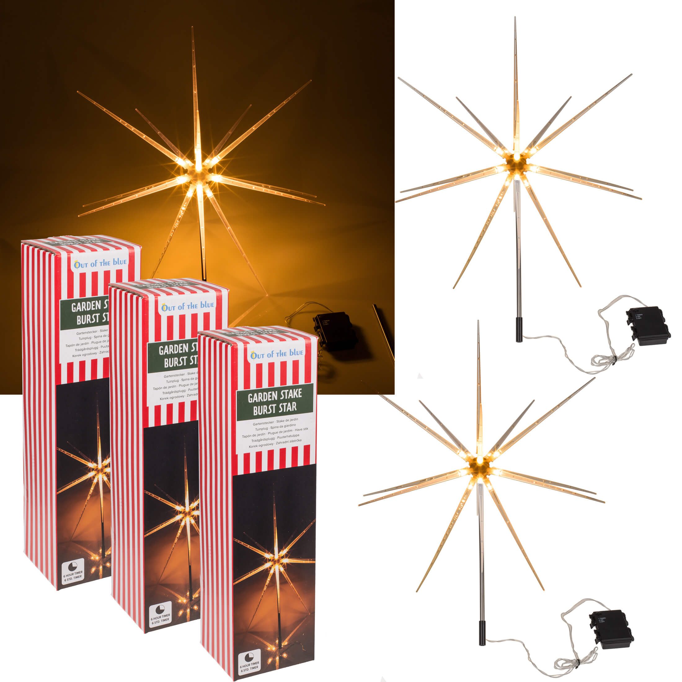 Out of the Blue LED Dekolicht 3er Set 14 LEDs Gartenstecker Stern warmweiß Timer Batterie IP44, Timerfunktion, Ein-/Ausschalter, LED, 3er Set, mit 6-Std. Timer, IP44, 14 LEDs