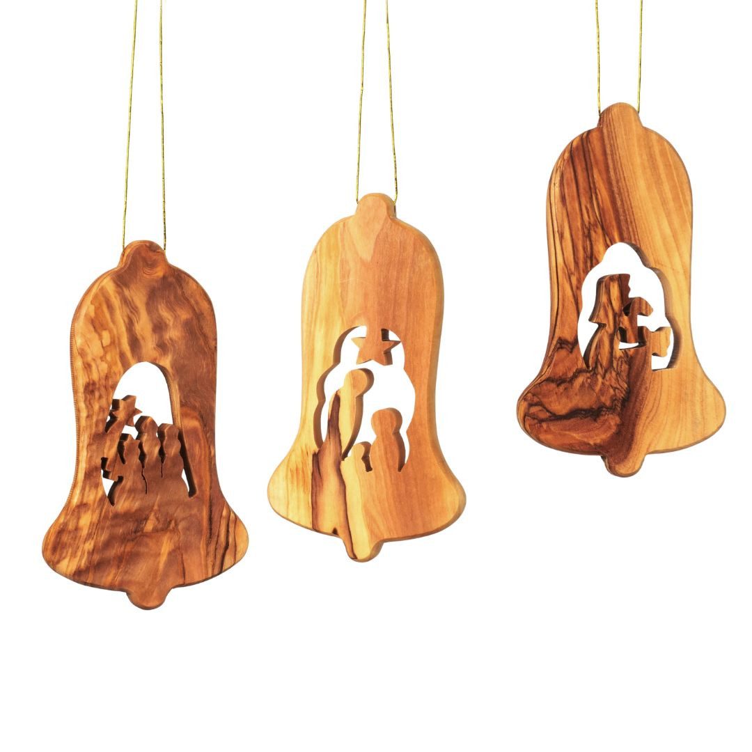 Kassis Dekoobjekt Weihnachtsdeko Baumschmuck Krippe, Glocke Anhänger, handgemacht, umweltfreundlich, aus Bethlehem, Olivenholzdeko, ohne Rinde