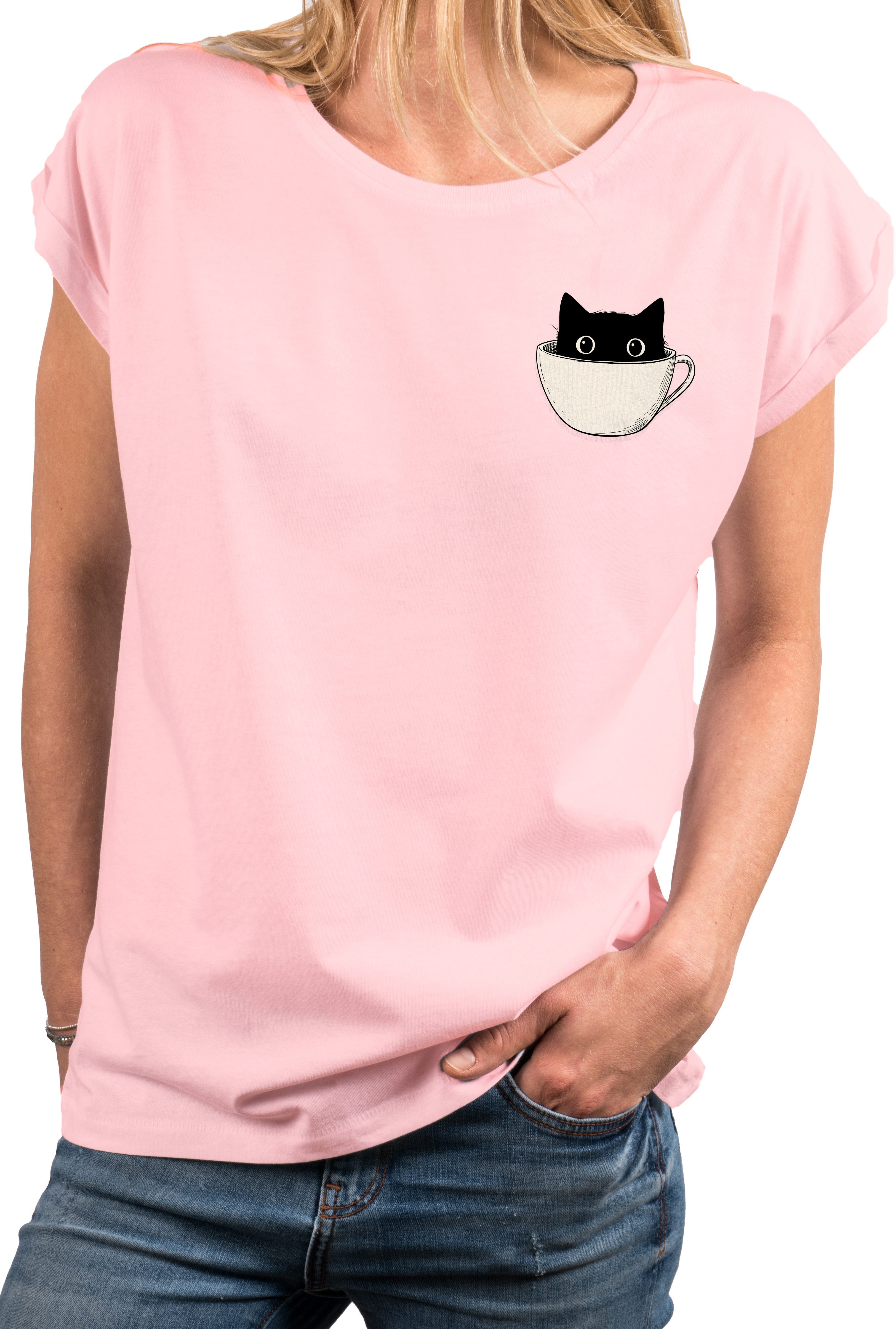 T-Shirt Lustiges Damen-Top mit Katzenmotiv – Katze in Kaffeetasse Print