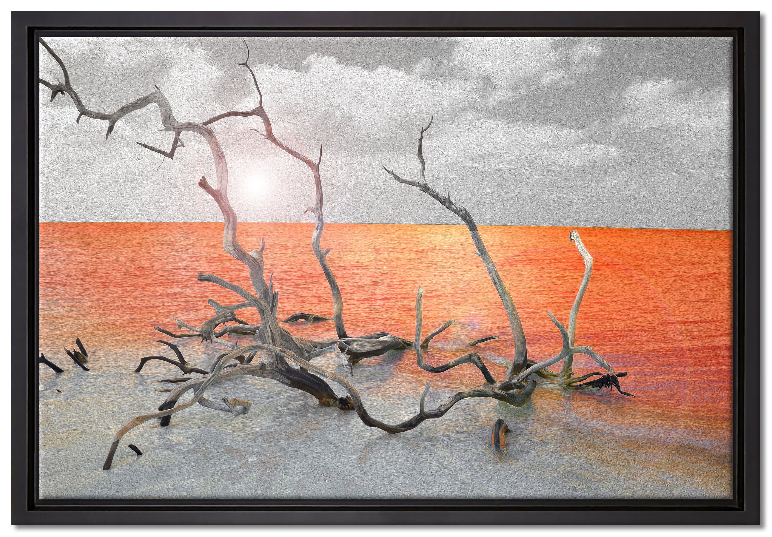 Leinwandbild (1 St), gefasst, Schattenfugen-Bilderrahmen einem inkl. in bespannt, Pixxprint Meer, am Leinwandbild fertig Zackenaufhänger Wanddekoration Treibgut