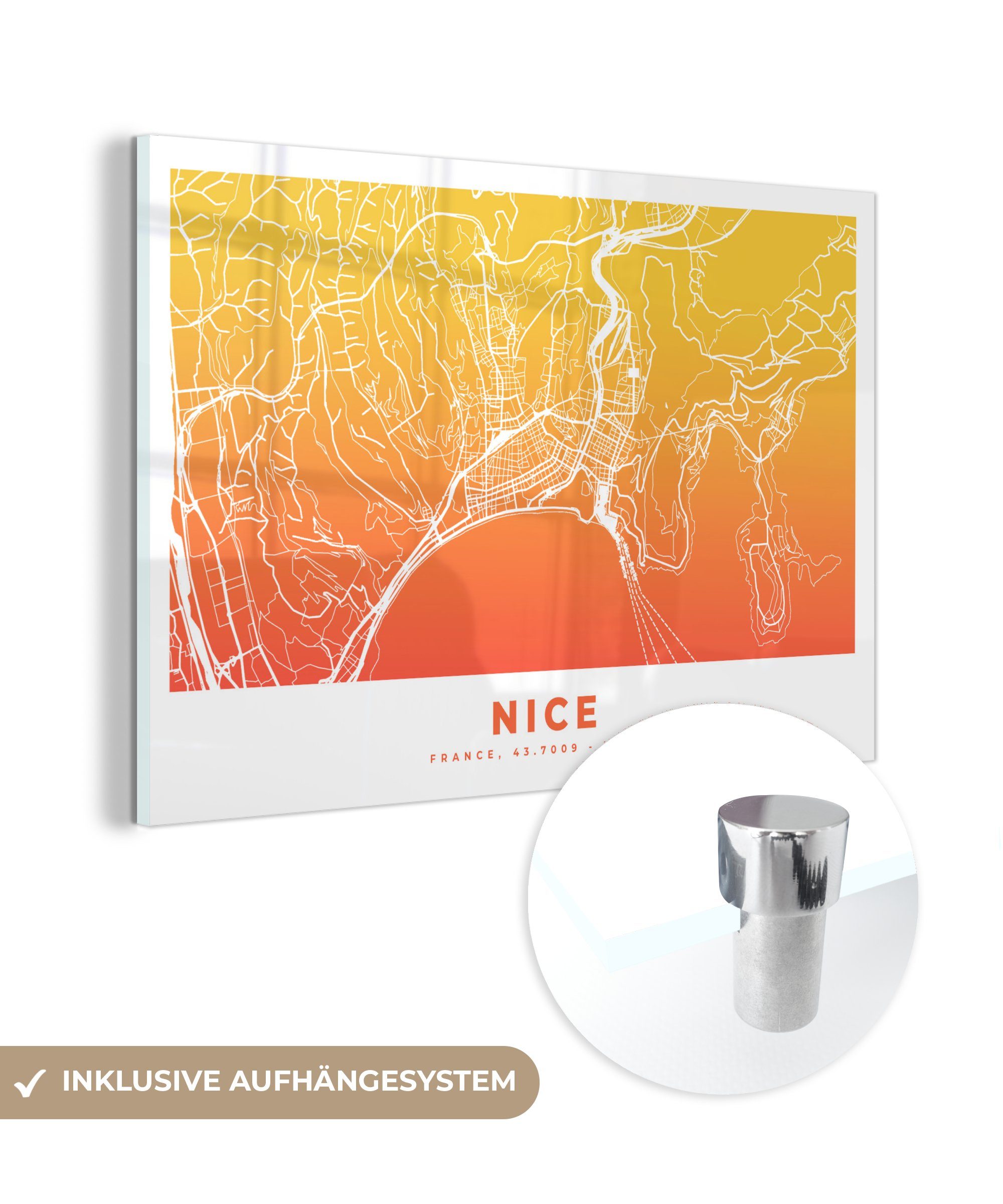MuchoWow Acrylglasbild Nizza - Stadtplan - Frankreich, (1 St), Acrylglasbilder Wohnzimmer & Schlafzimmer