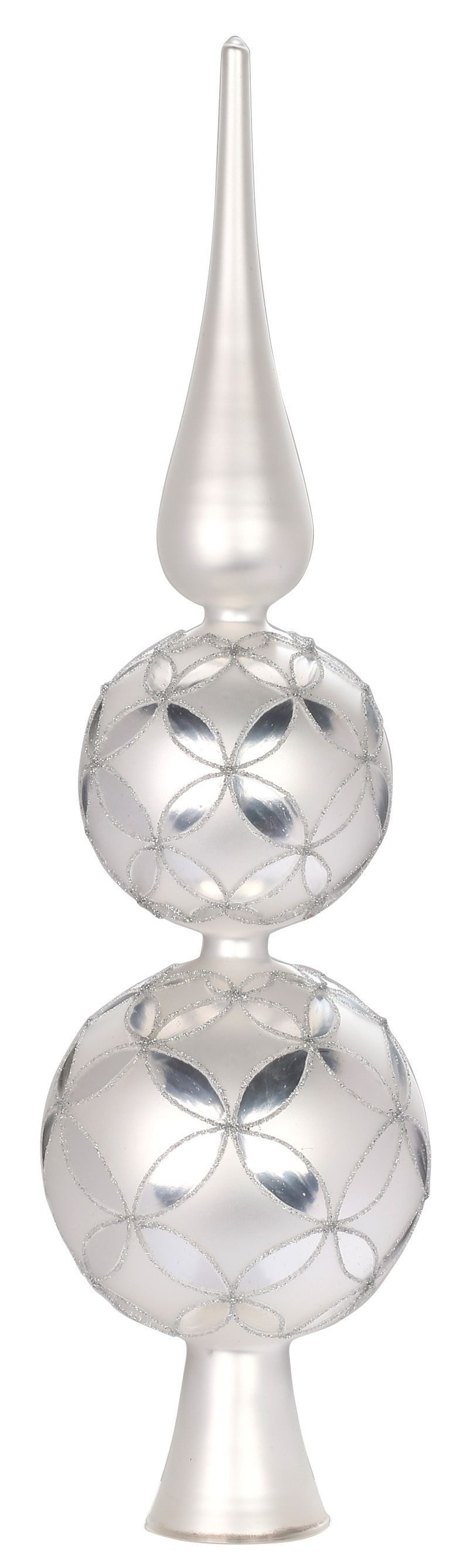 Holly & Jolly Christbaumspitze, Christbaumspitze Glas mit Muster und 2 Kugeln 37cm Frosty Silver