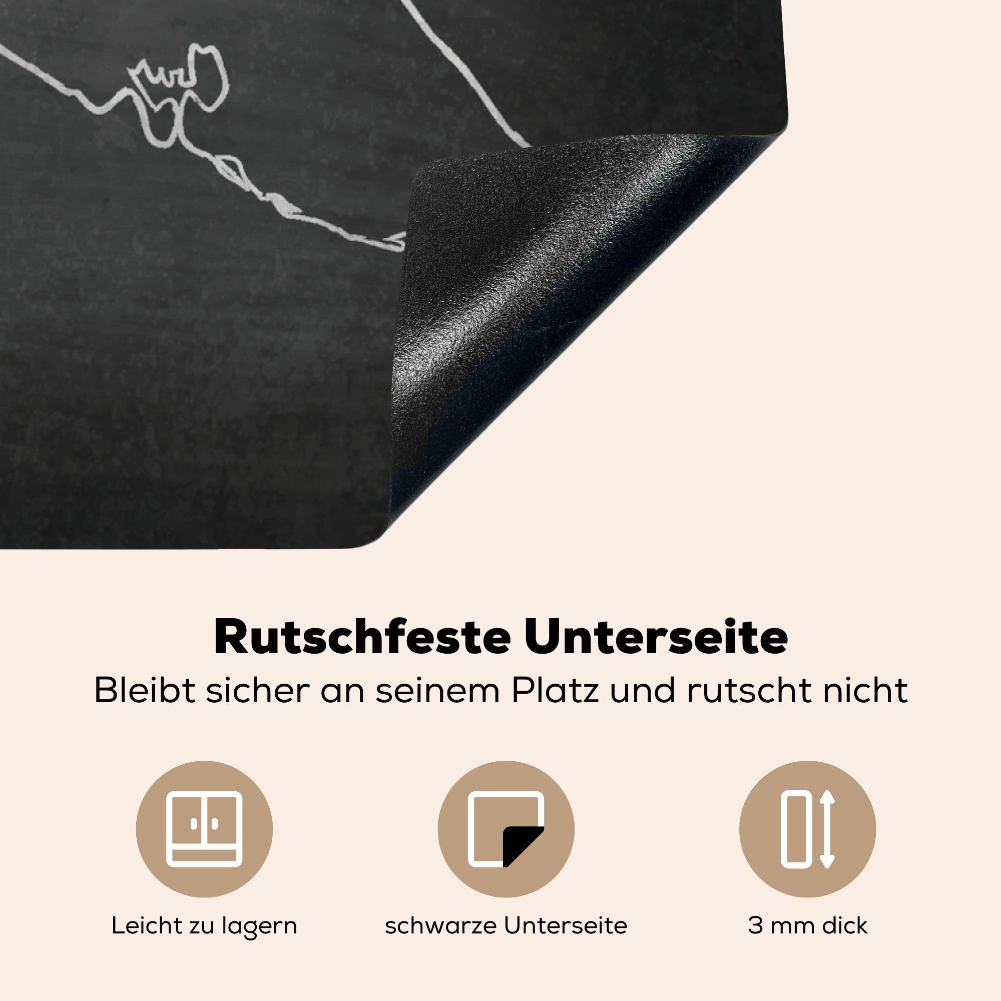 Herdblende-/Abdeckplatte Illustration Eine Vinyl, schwarz-weiße küche für Arbeitsplatte auf Kreidetafel, (1 cm, 78x78 einer MuchoWow Ceranfeldabdeckung, Curaçao von tlg),