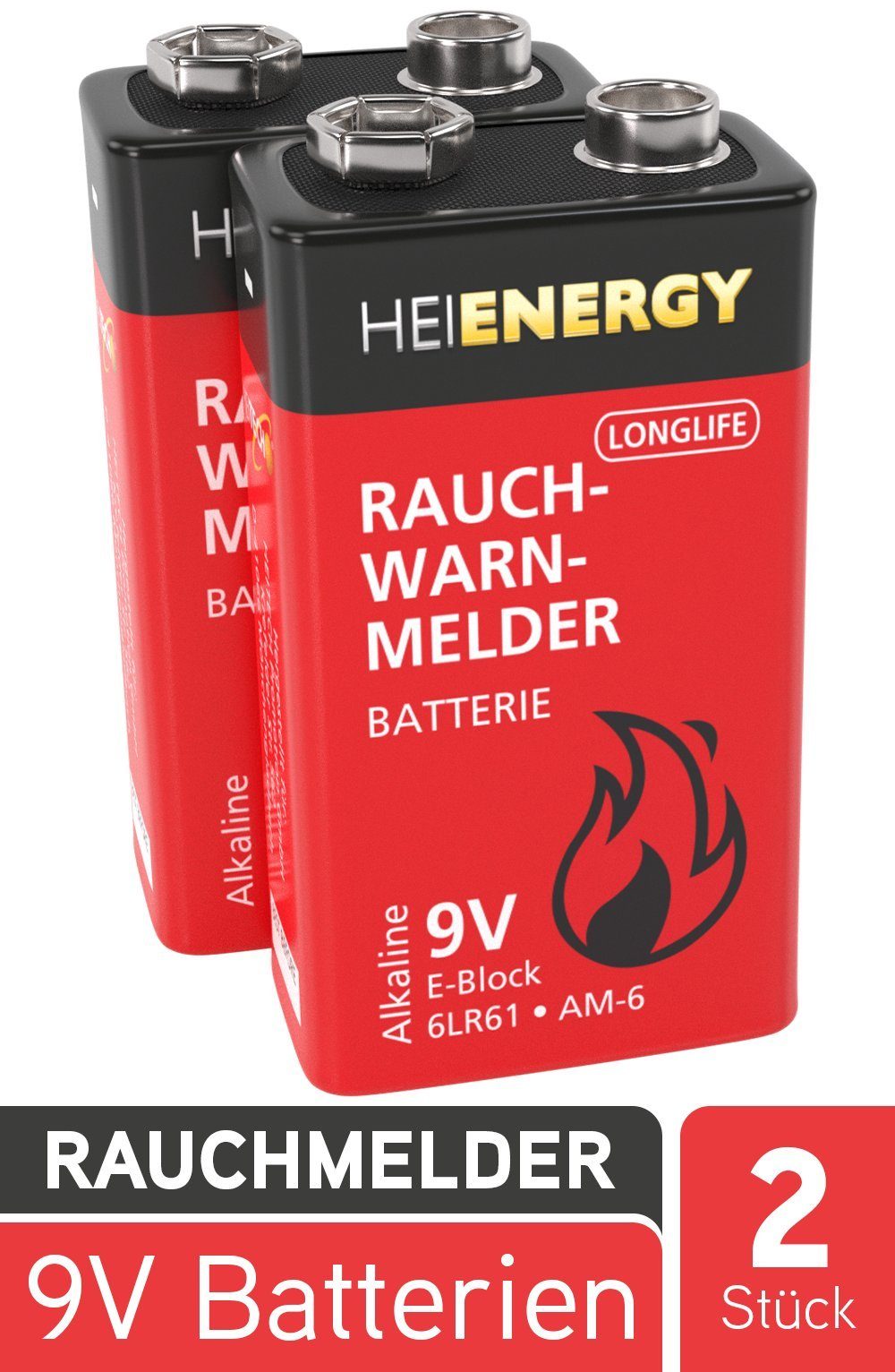 HEITECH 2x Rauchmelder Batterie 9V Block langlebig & auslaufsicher Batterie, (2 St)