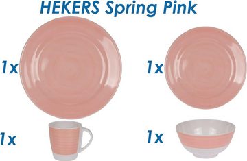 HEKERS Geschirr-Set 100% Melamin Geschirr (4-24 teilig) Spring elfenbeinweiß/rosa rund, 4 teilig - 1 Person, Geschirr-Set, Tafelgeschirr, Campinggeschirr, Spülmaschinenfest