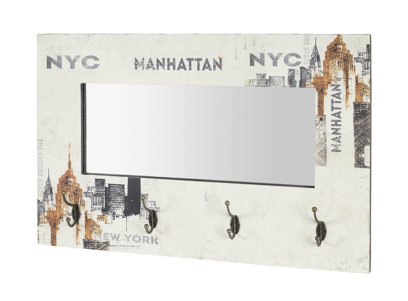 möbelando Wandgarderobe Manhattan, Wandgarderobe MDF mit Dekor Schriftzug in Vintageoptik mit 4 Шафиhaken und eingelassenem Spiegel