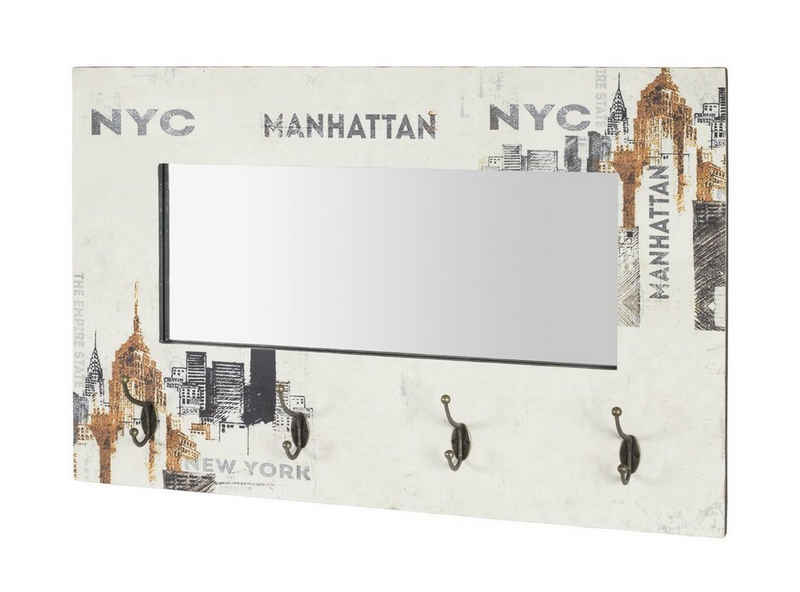 möbelando Wandgarderobe Manhattan, Wandgarderobe MDF mit Dekor Schriftzug in Vintageoptik mit 4 Garderobenhaken und eingelassenem Spiegel