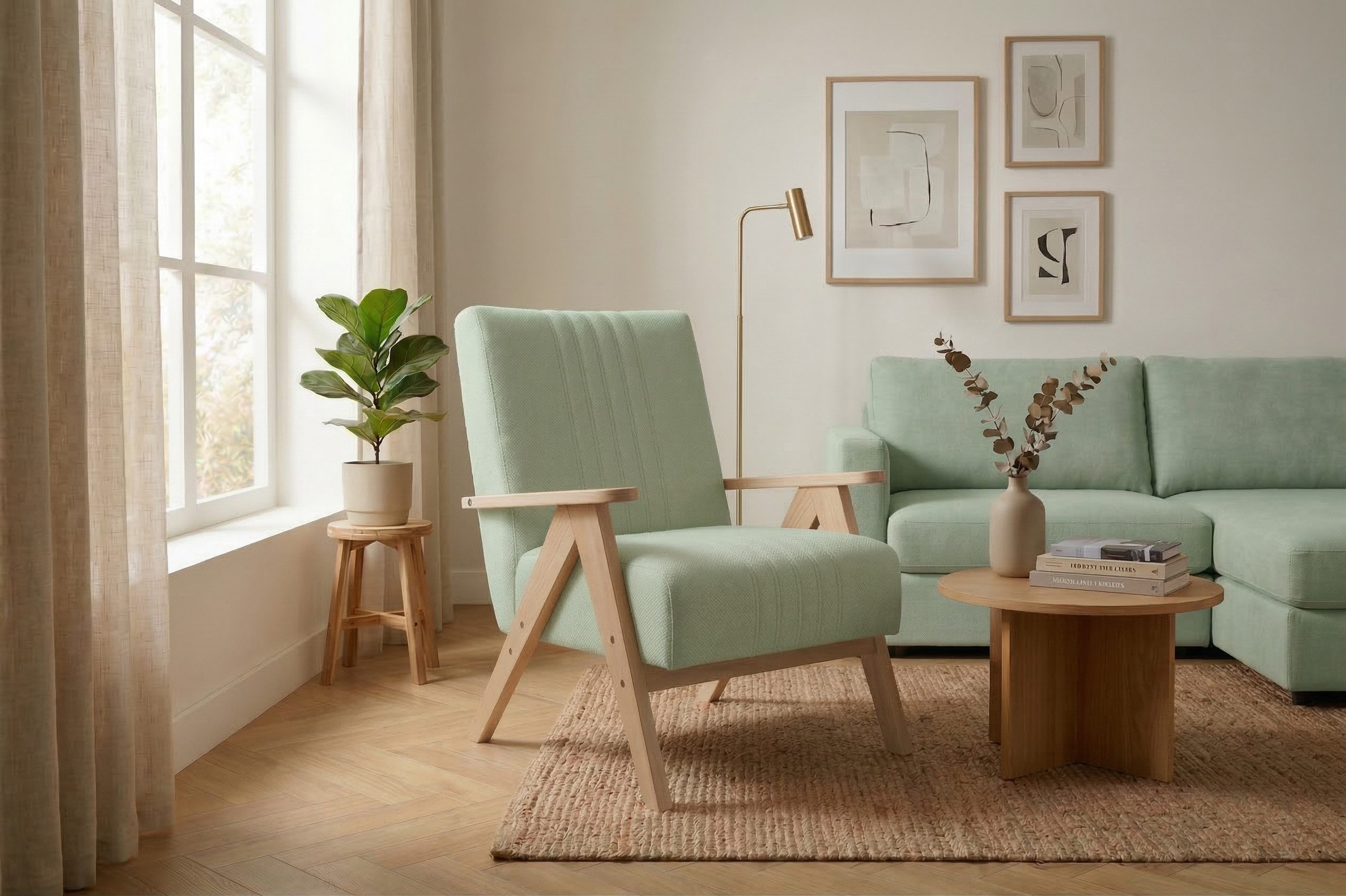 Friderik-EU Sessel ENZO Polstersessel mit Holzgestell Mid-Century, vertikale Steppungen am Rücken, leichtes Holzgestell