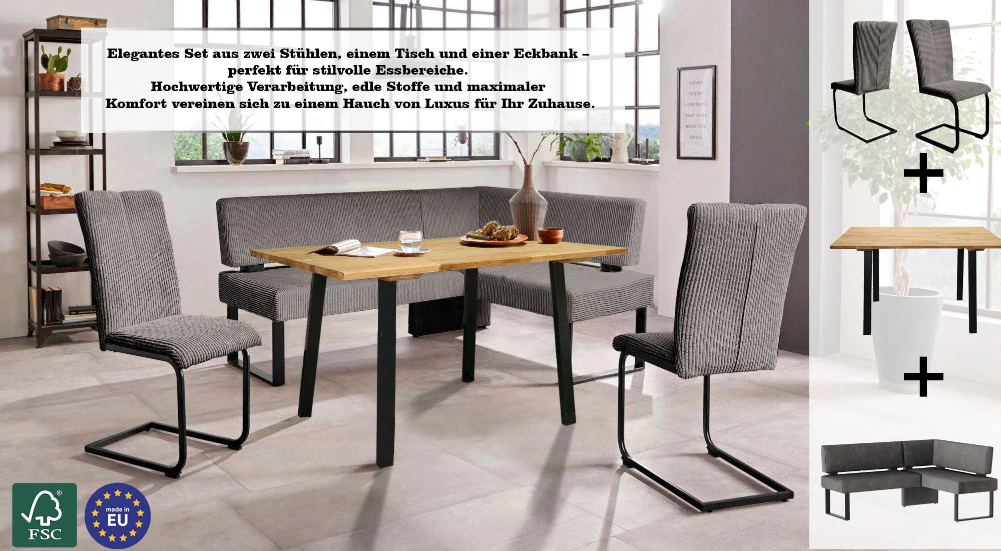 OTTO home Eckbankgruppe Oliver, (Set, 4-tlg., 4-tlg), Eckbank mit Wellenunterfederung im Sitz, Tisch Massiv Eiche