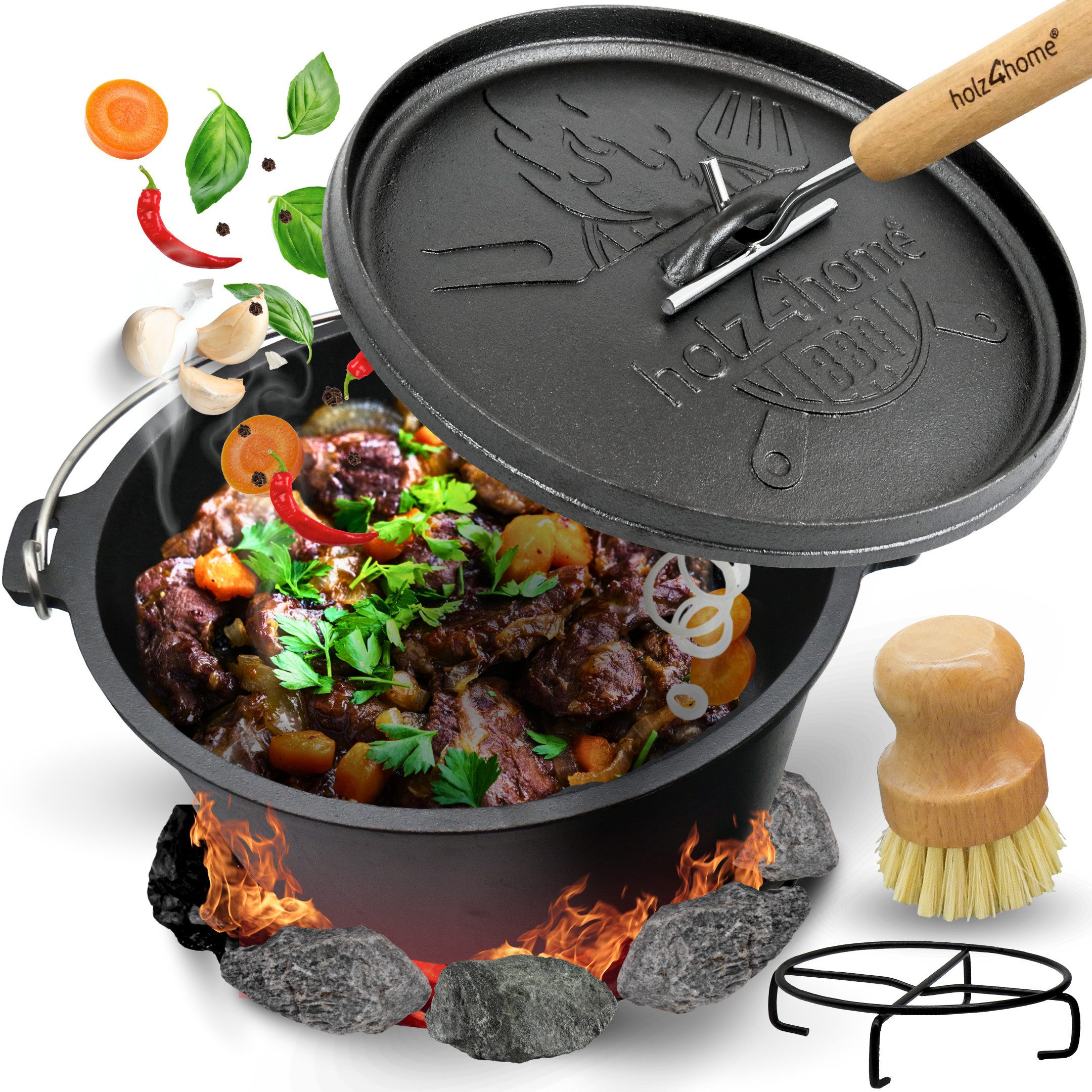 holz4home® Grilltopf Dutch Oven Set aus Gusseisen I Dopf Feuertopf Schmortopf Bräter, Gusseisen (5-tlg), inkl. Deckelheber