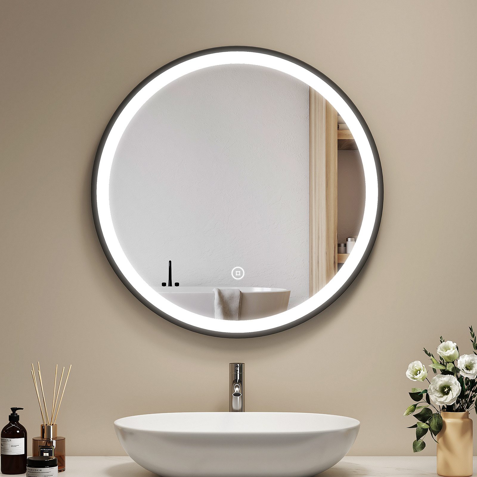 EMKE Badspiegel mit Beleuchtung Rund Badezimmerspiegel schwarzem Rahmen (50-80cm, Touchschalter), 3 Lichtfarben, dimmbar, Touch, Memory, ohne Antibeschlag, IP44
