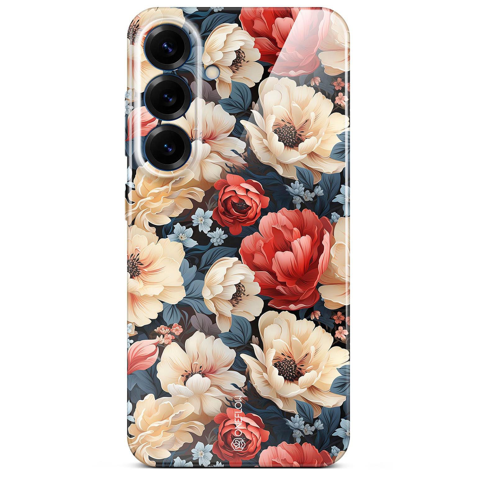 ONEFLOW Handyhülle für Samsung Galaxy S25 Hülle dünn Flower Cover Weiß Rot 6,2 Zoll, Blumen Muster Handy Schutzhülle in Floral Design Case mit Kameraschutz