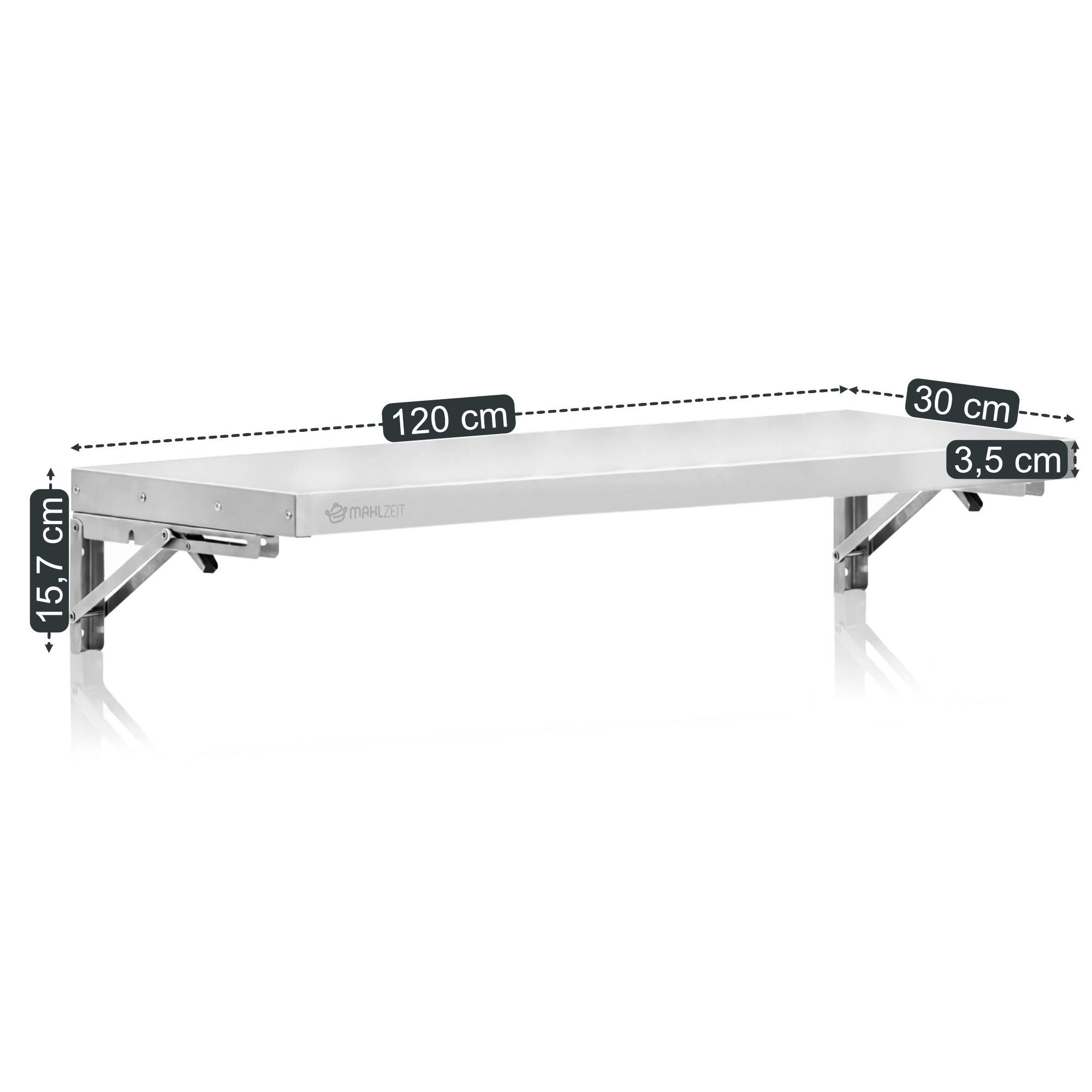 Mahlzeit Wandregal Edelstahl Wandregal, 120 x 30 cm, Küchenregal, Klappbar, Silber