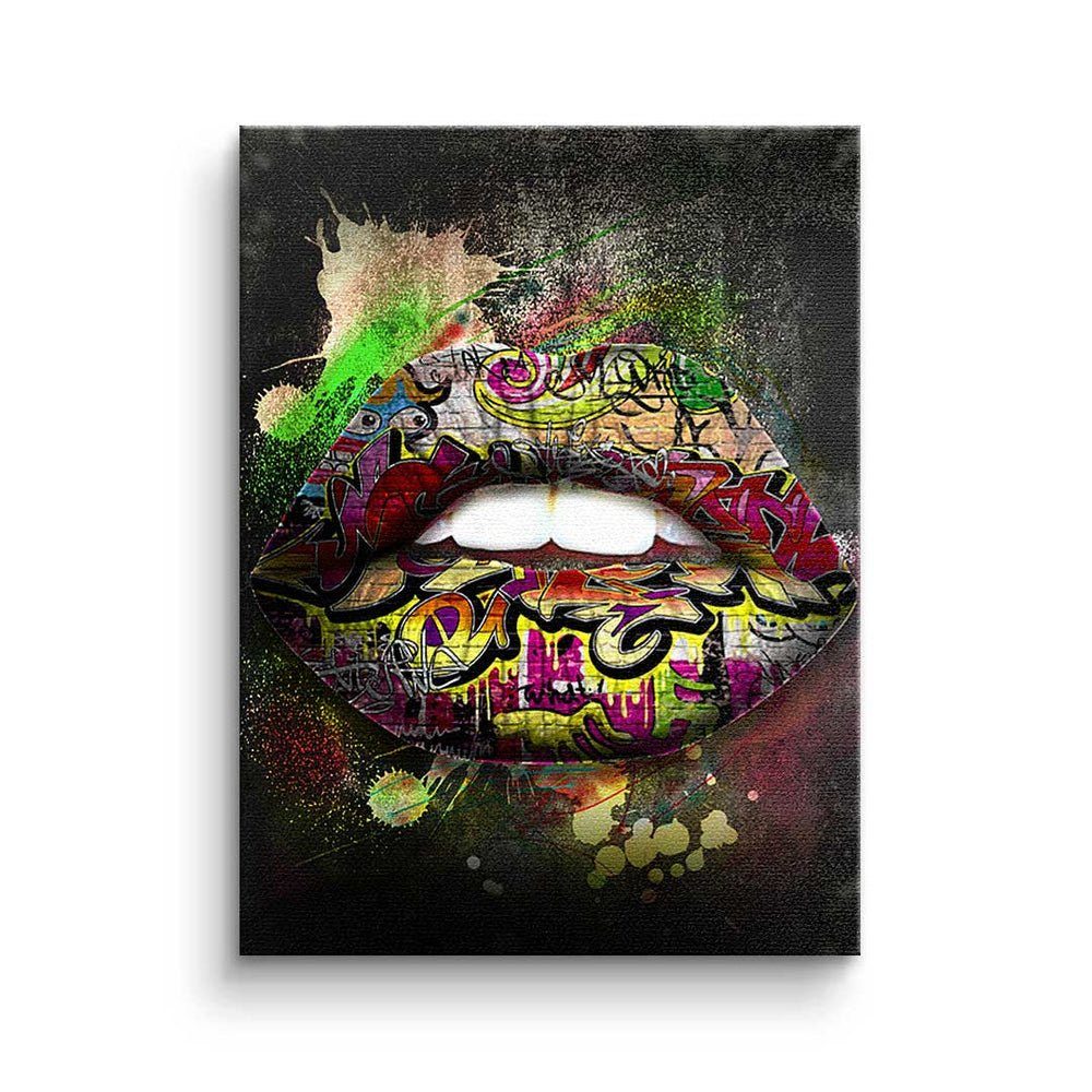 Lips Wandbild Leinwandbild Graffiti DOTCOMCANVAS® - Art - Pop modernes Leinwandbild, Rahmen - Premium schwarzer