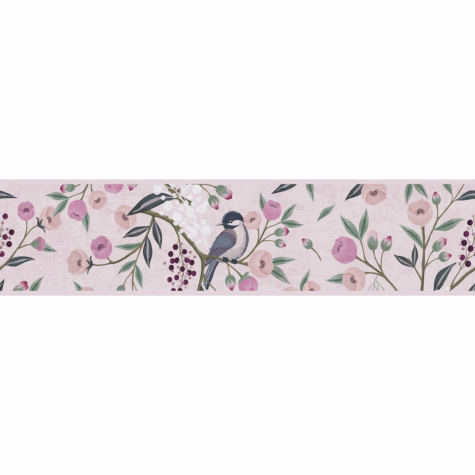 A.S. Création Bordüre Floral Blumen Blätter Vögel Rosa Grau 77137-1