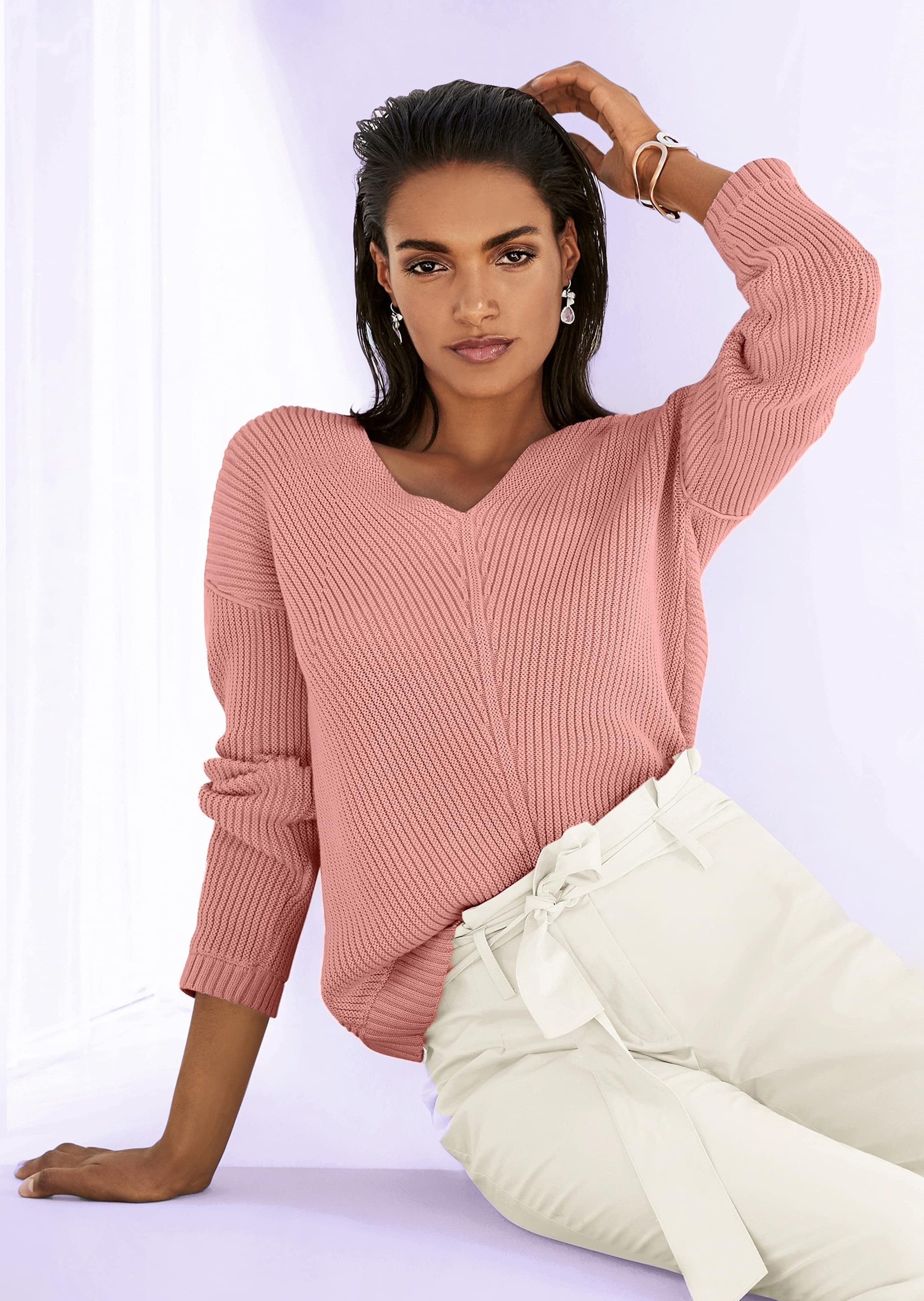 Strickpullover Langarm-Pullover mit V-Ausschnitt