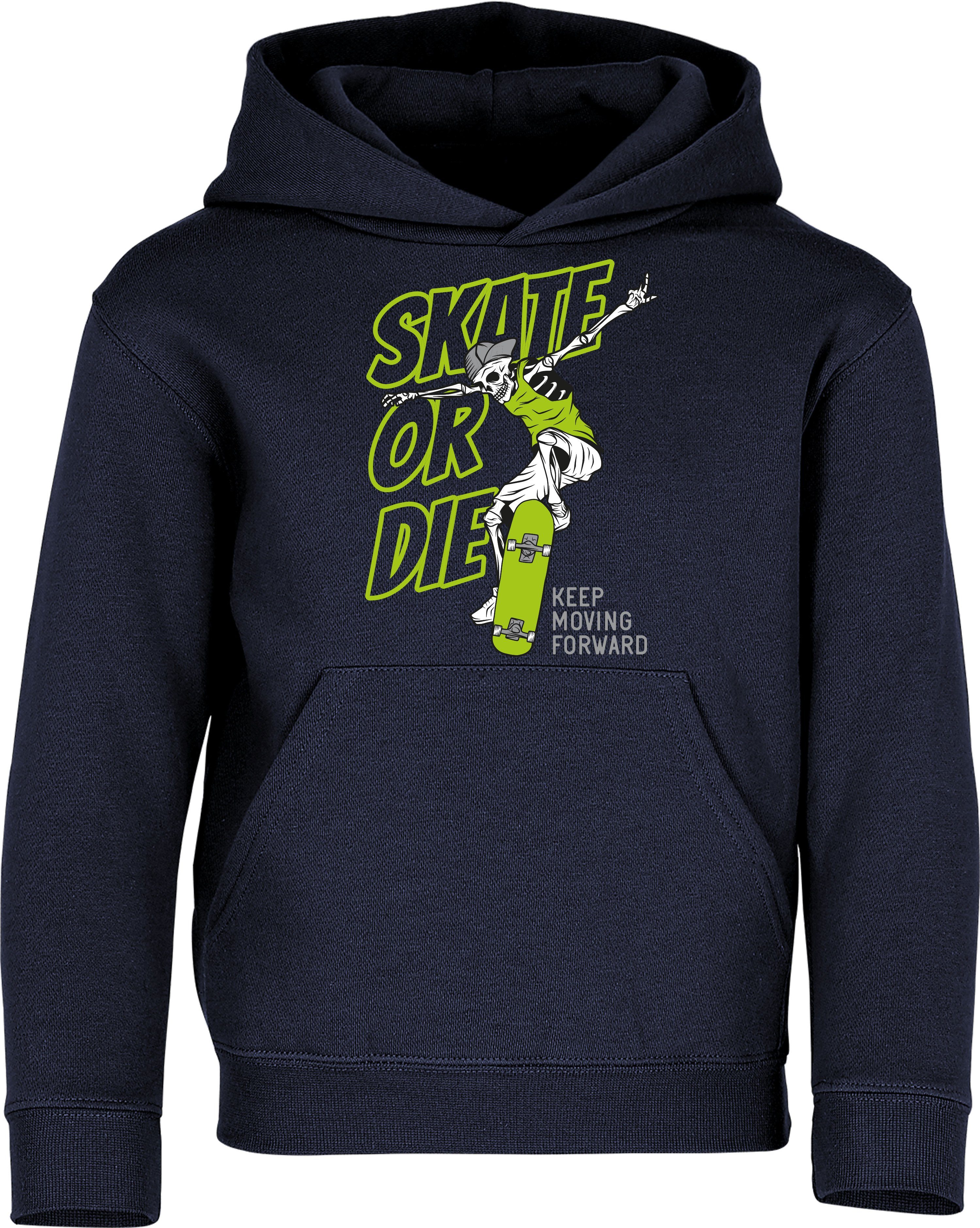 Baddery Kapuzenpullover Kinder Hoodie : Skate or Die - Pulli Skateboard Skaten hochwertiger Siebdruck Navy