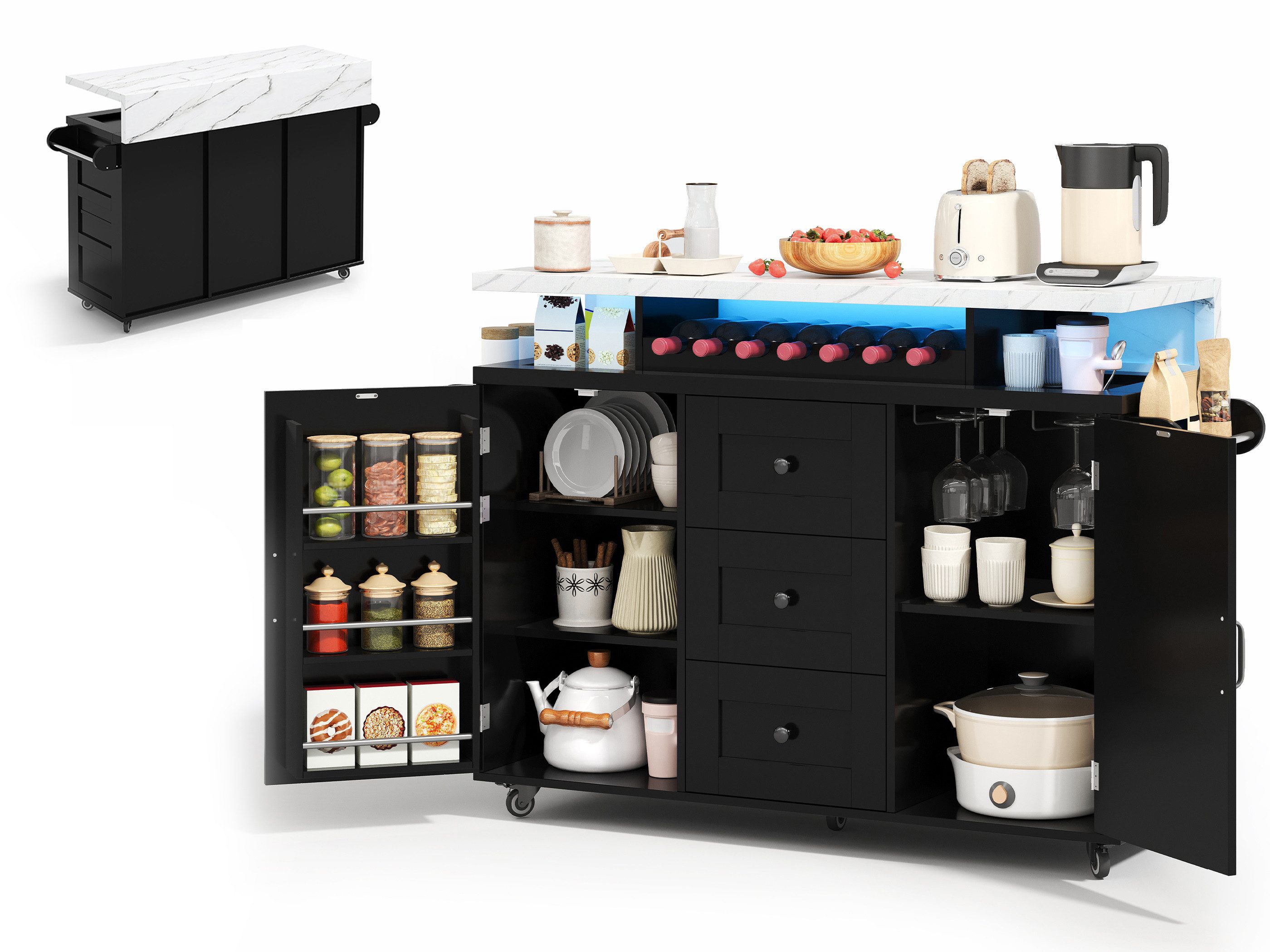 SeedWave Kücheninsel Vielseitiger Küchenwagen mit 120cm Klappbarer Tischplatte, LED-Licht, Weinfächer & Glashalter, Gewürzboard plus Handtuchhalter